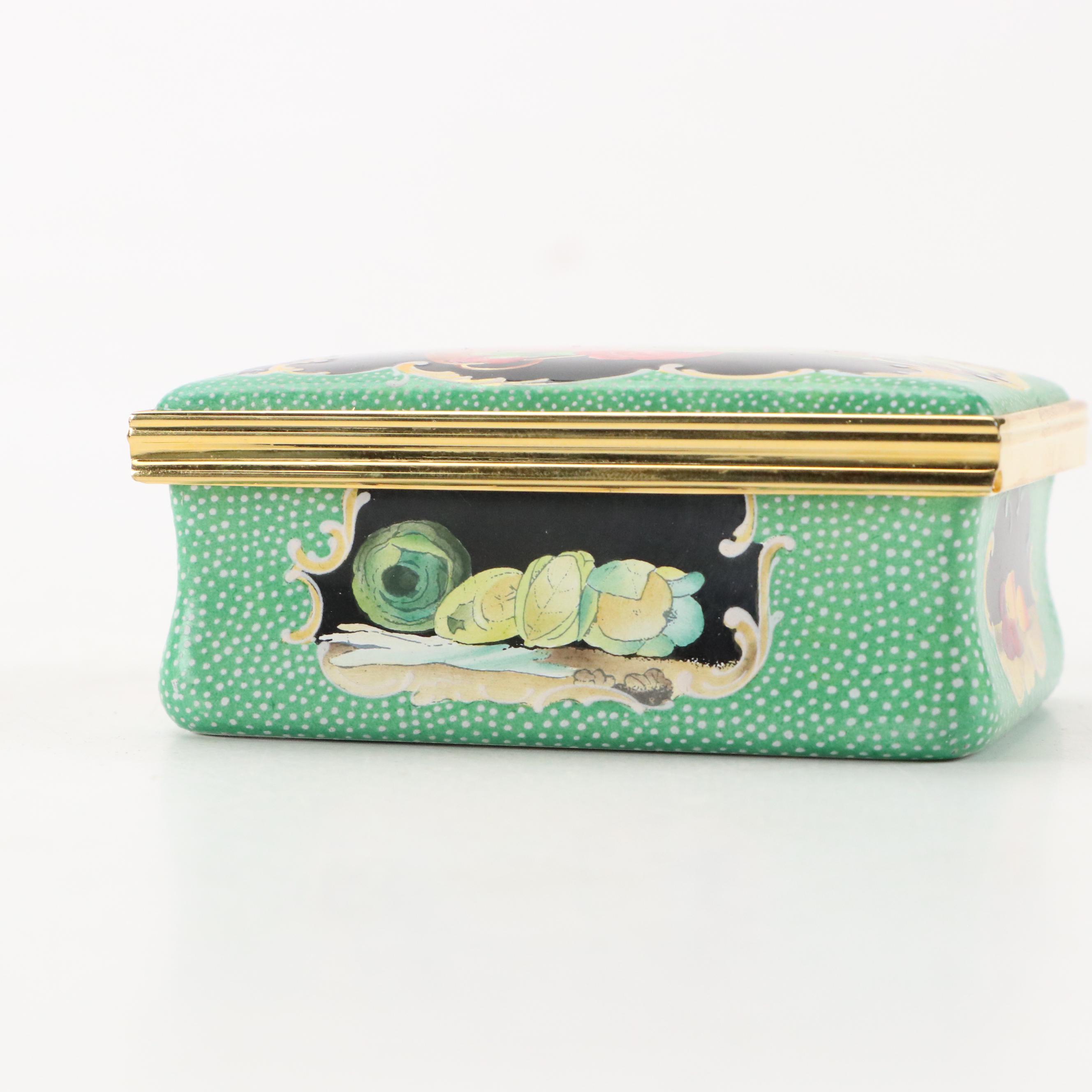 Halcyon Days Enamel Boxes with Militaria and Museum Fruit and Floral Motifs