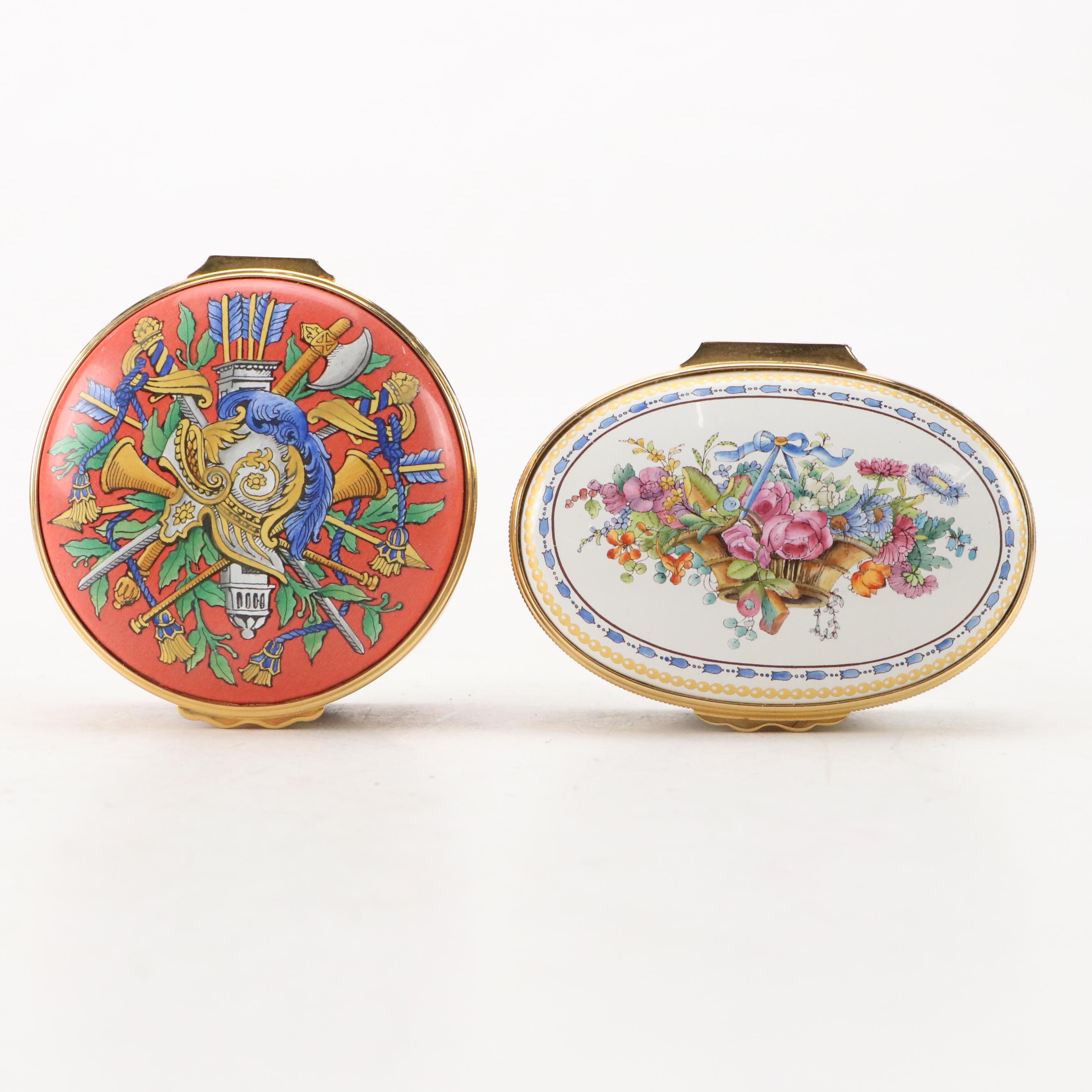 Halcyon Days Enamel Boxes with Militaria and Museum Fruit and Floral Motifs