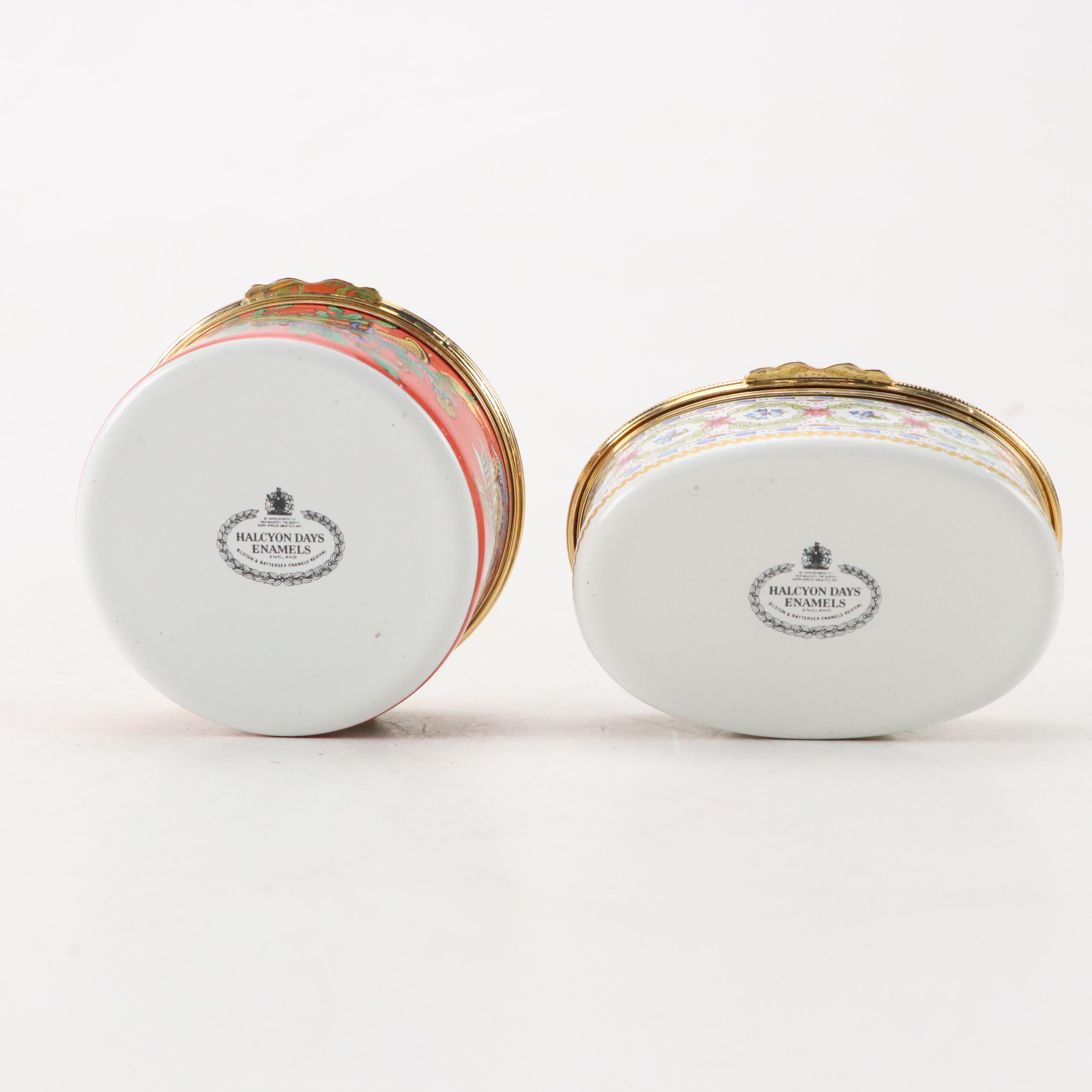 Halcyon Days Enamel Boxes with Militaria and Museum Fruit and Floral Motifs