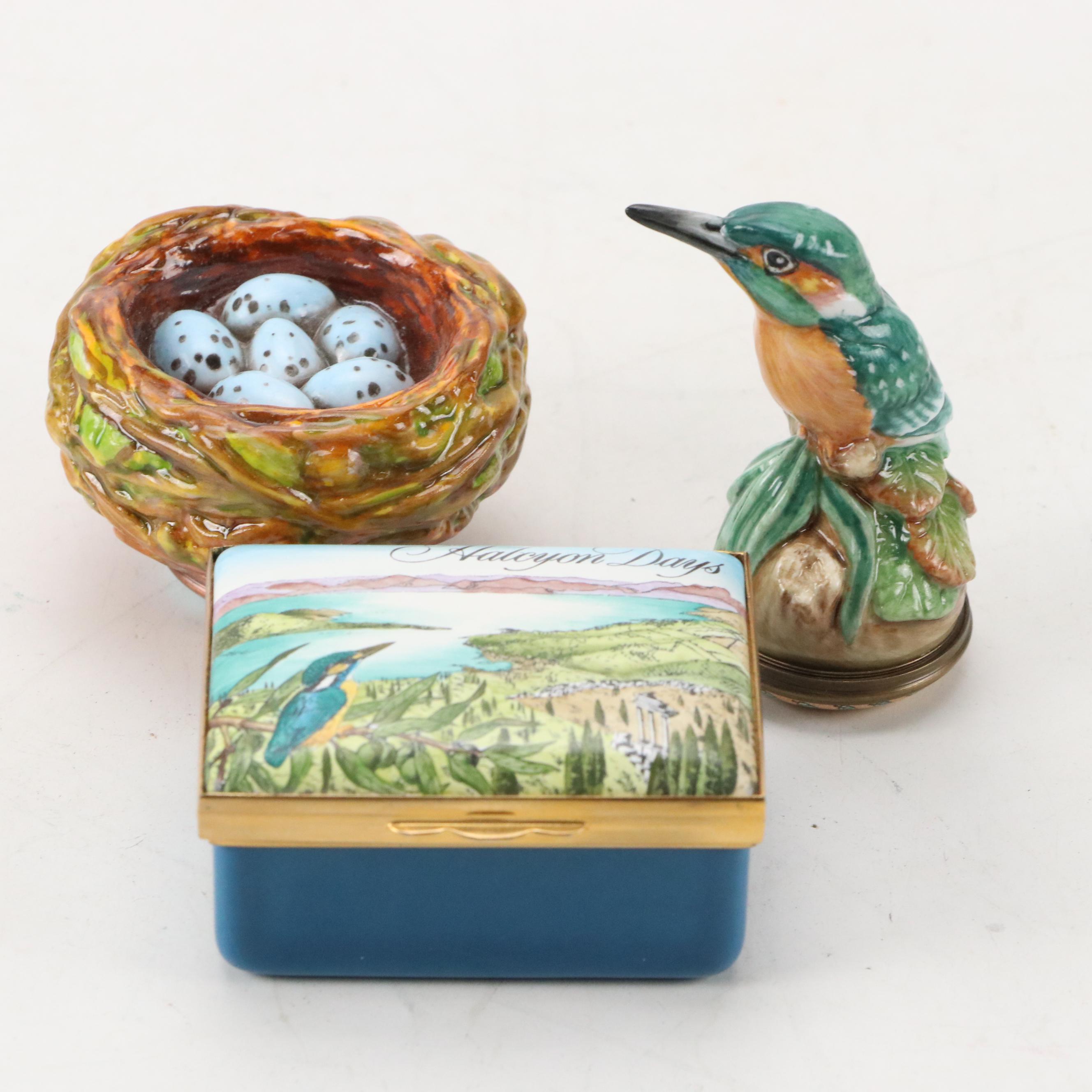 Halcyon Days Kingfisher and Thrush Nest Enamel Boxes, Late 20th C.