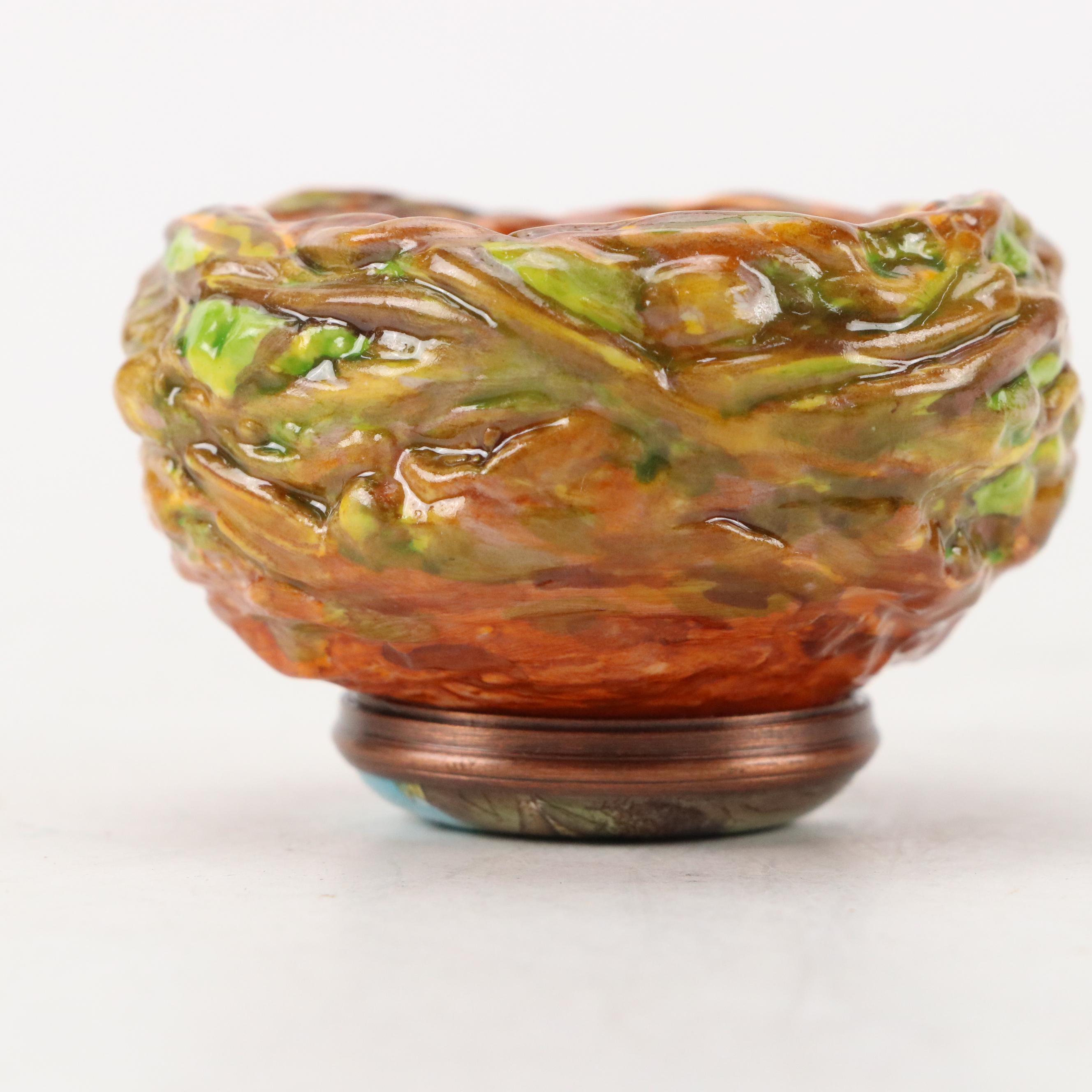 Halcyon Days Kingfisher and Thrush Nest Enamel Boxes, Late 20th C.