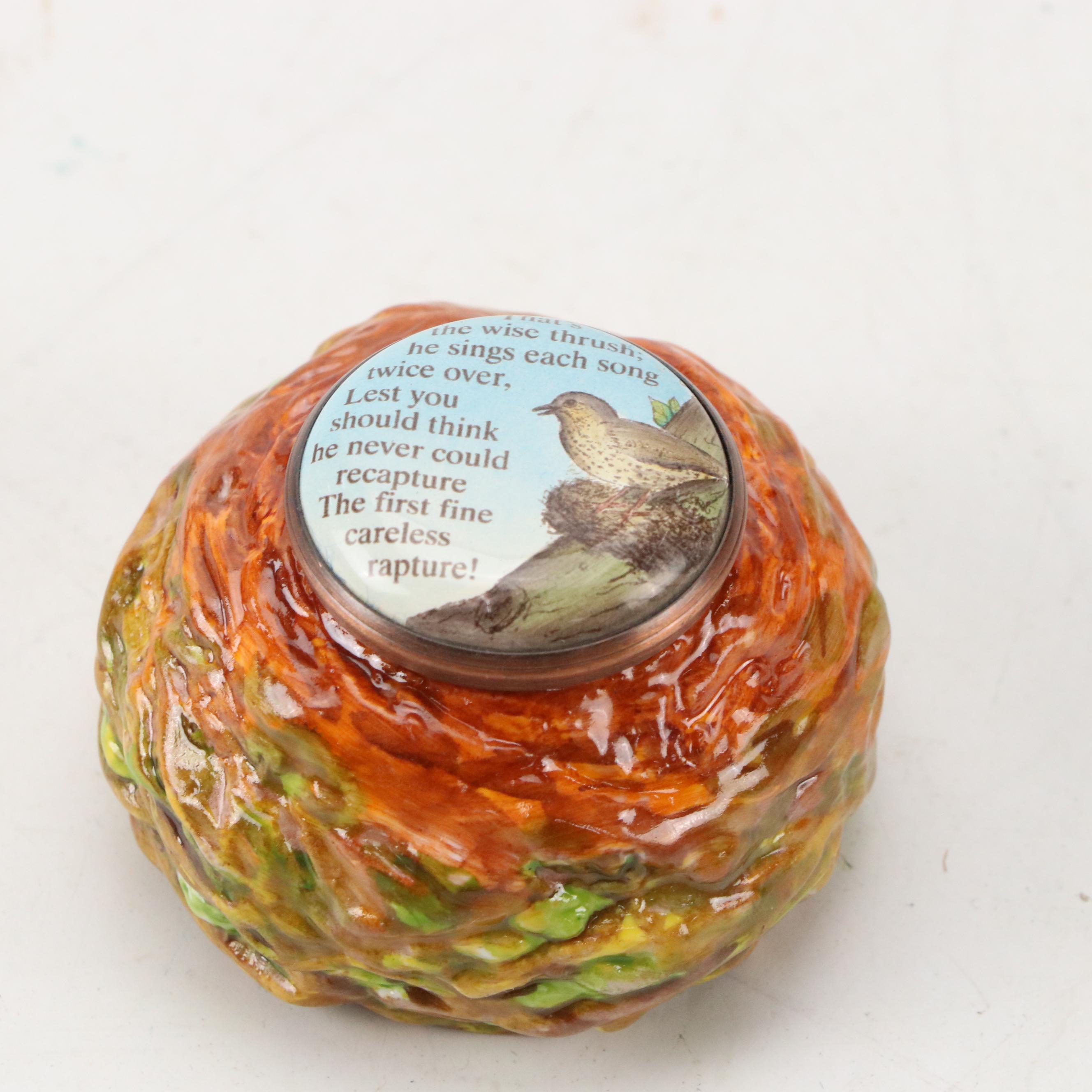 Halcyon Days Kingfisher and Thrush Nest Enamel Boxes, Late 20th C.