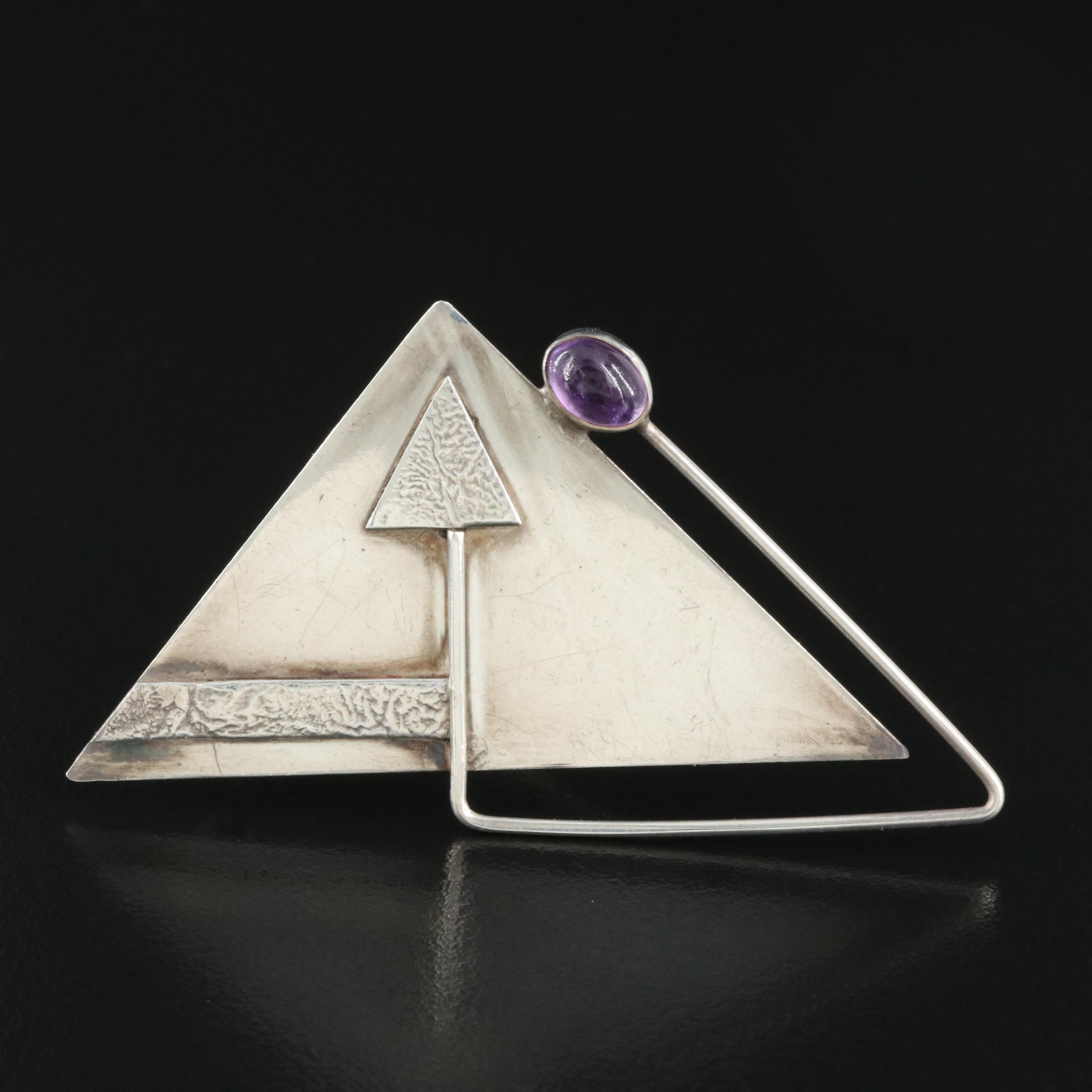 Sterling Amethyst Triangle Brooch
