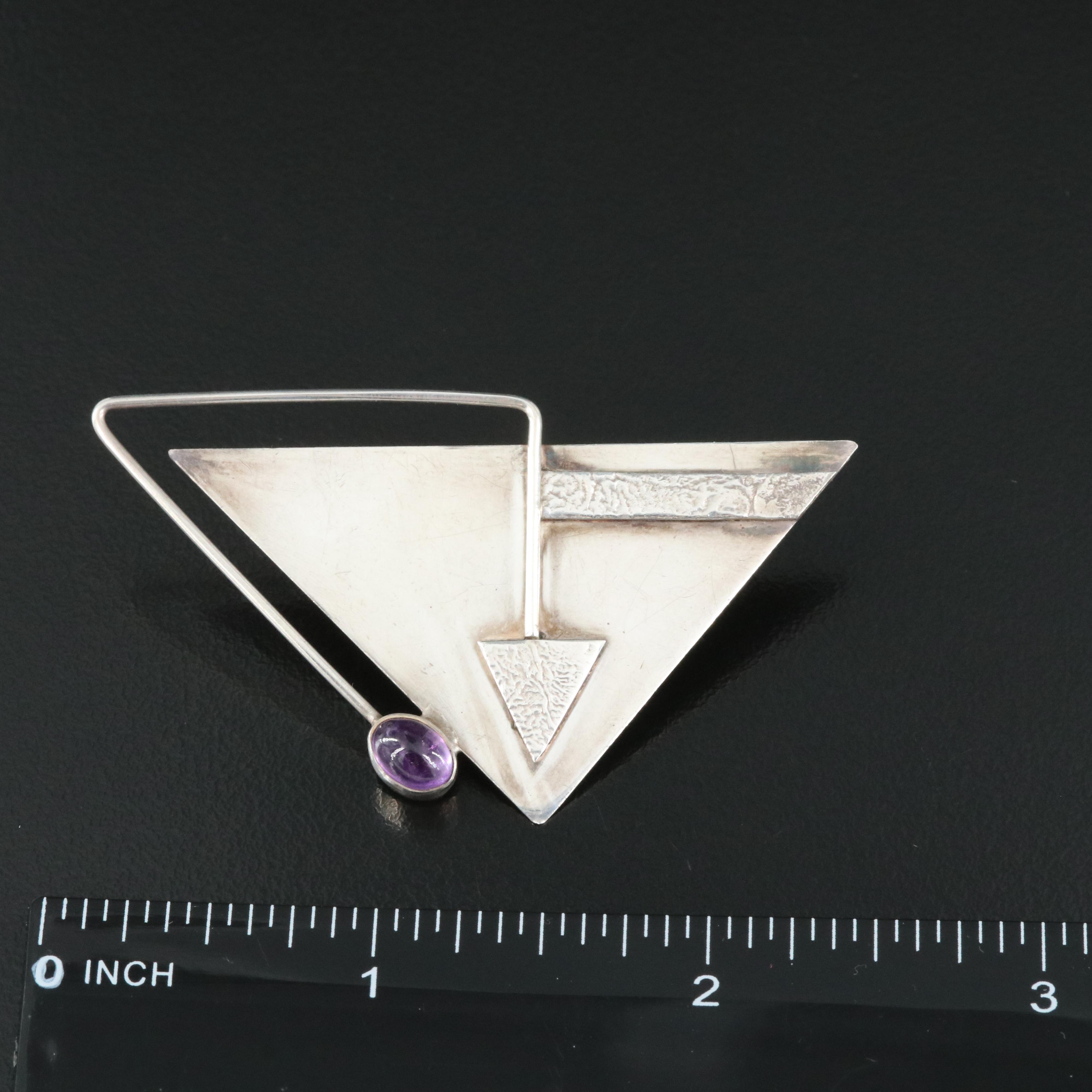 Sterling Amethyst Triangle Brooch