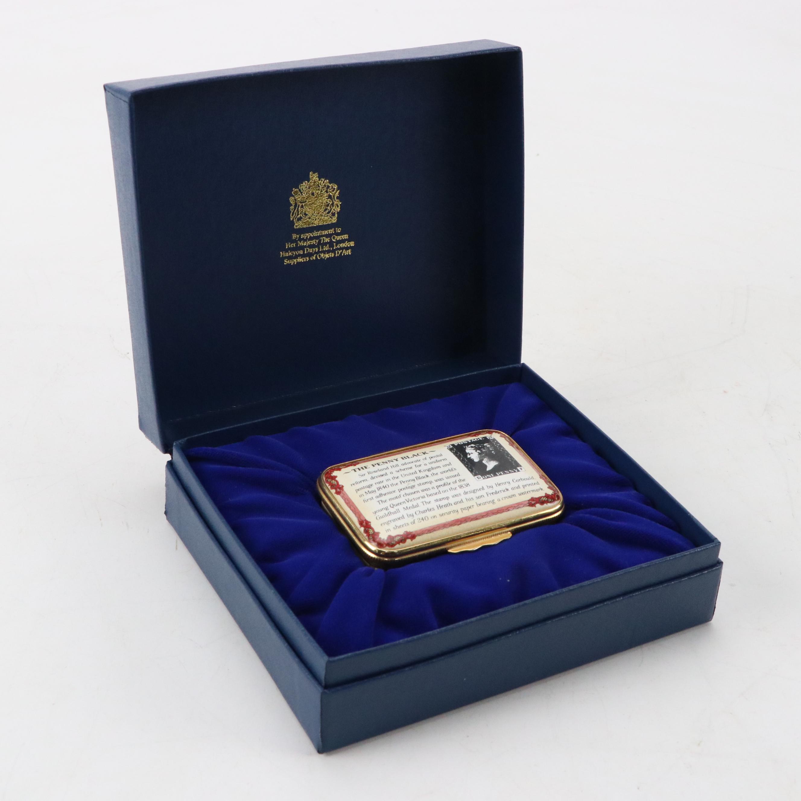Halcyon Days Limited Edition Penny Black Stamp Enameled Box, 1990