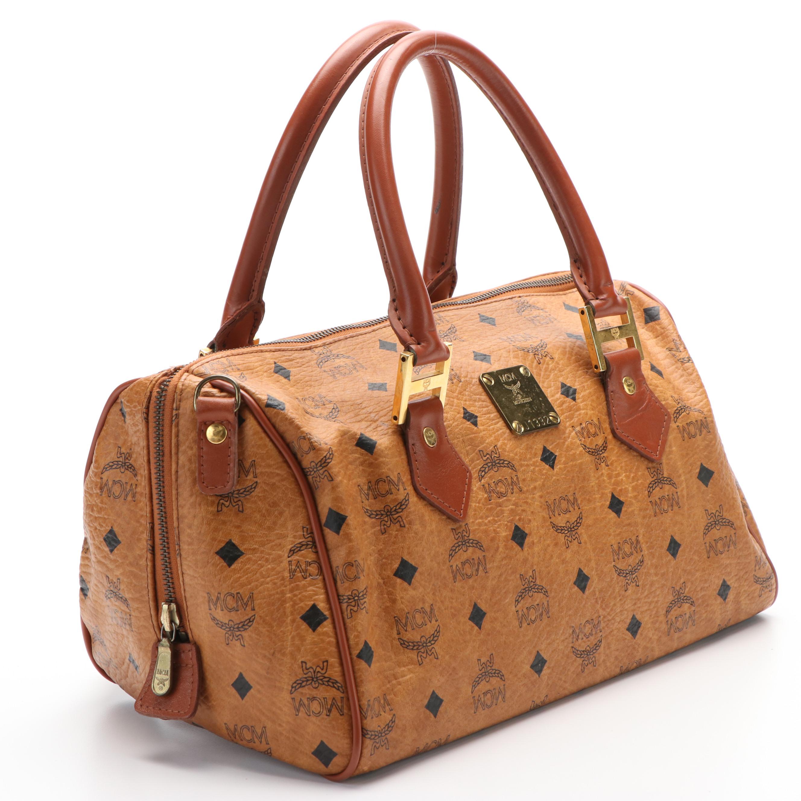 MCM Monogram Visetos Cognac Coated Canvas and Leather Boston Bag