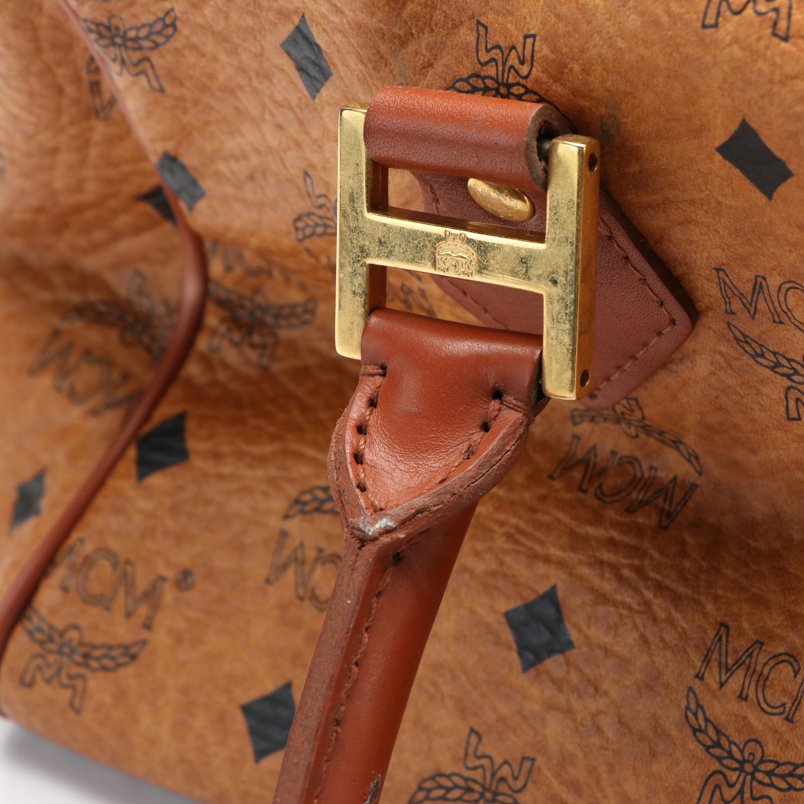 MCM Monogram Visetos Cognac Coated Canvas and Leather Boston Bag