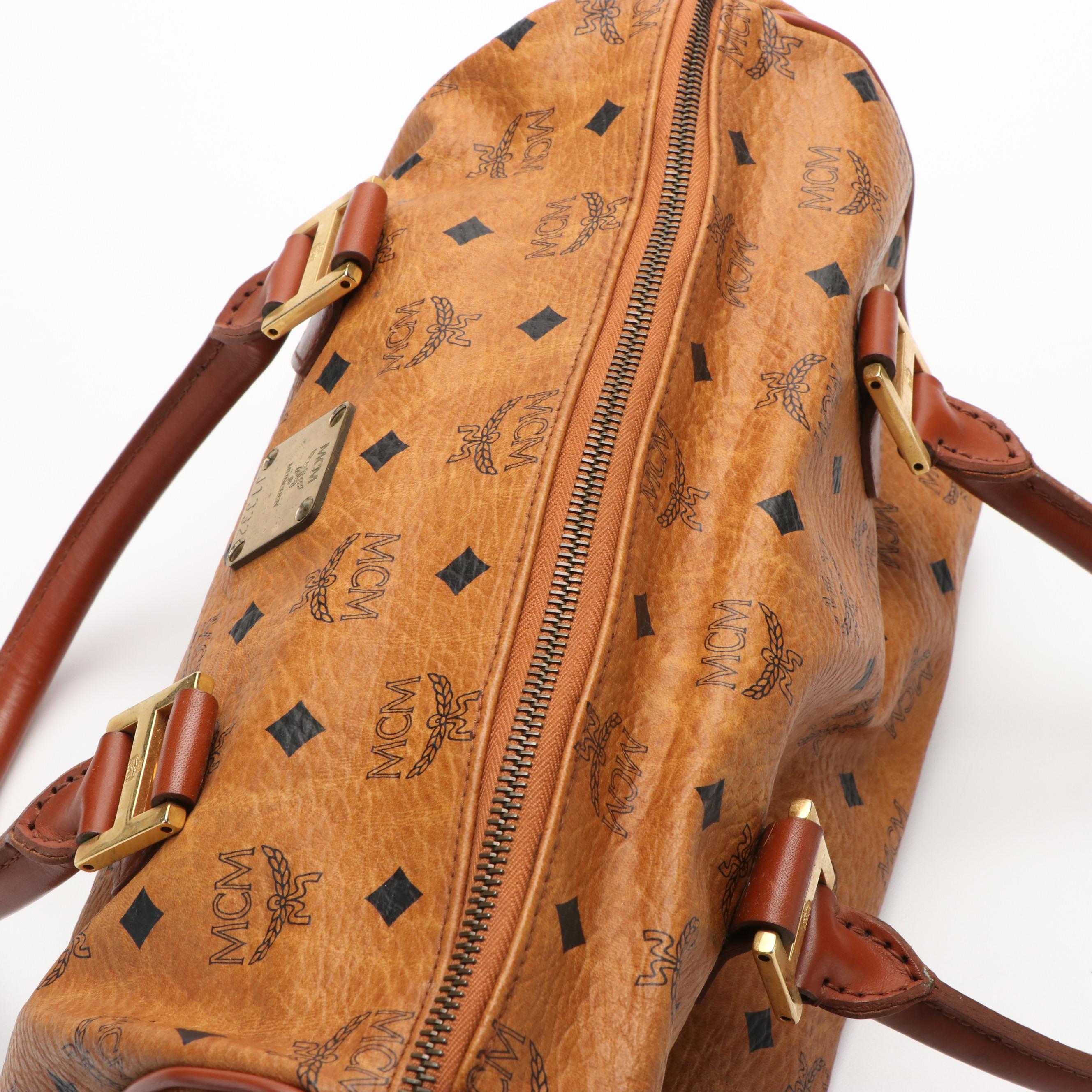 MCM Monogram Visetos Cognac Coated Canvas and Leather Boston Bag