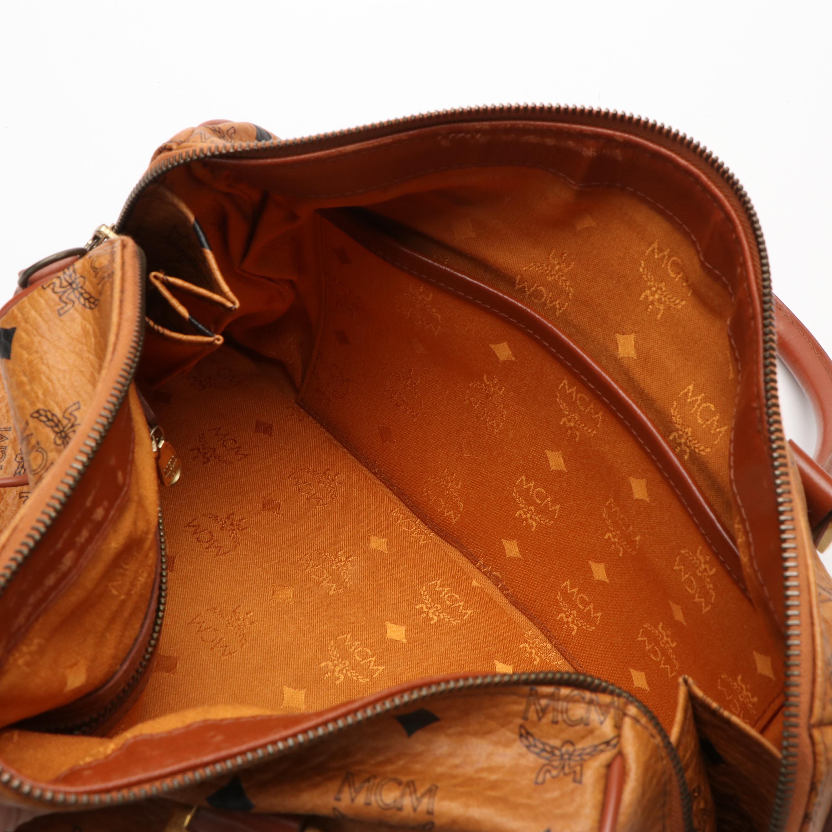 MCM Monogram Visetos Cognac Coated Canvas and Leather Boston Bag