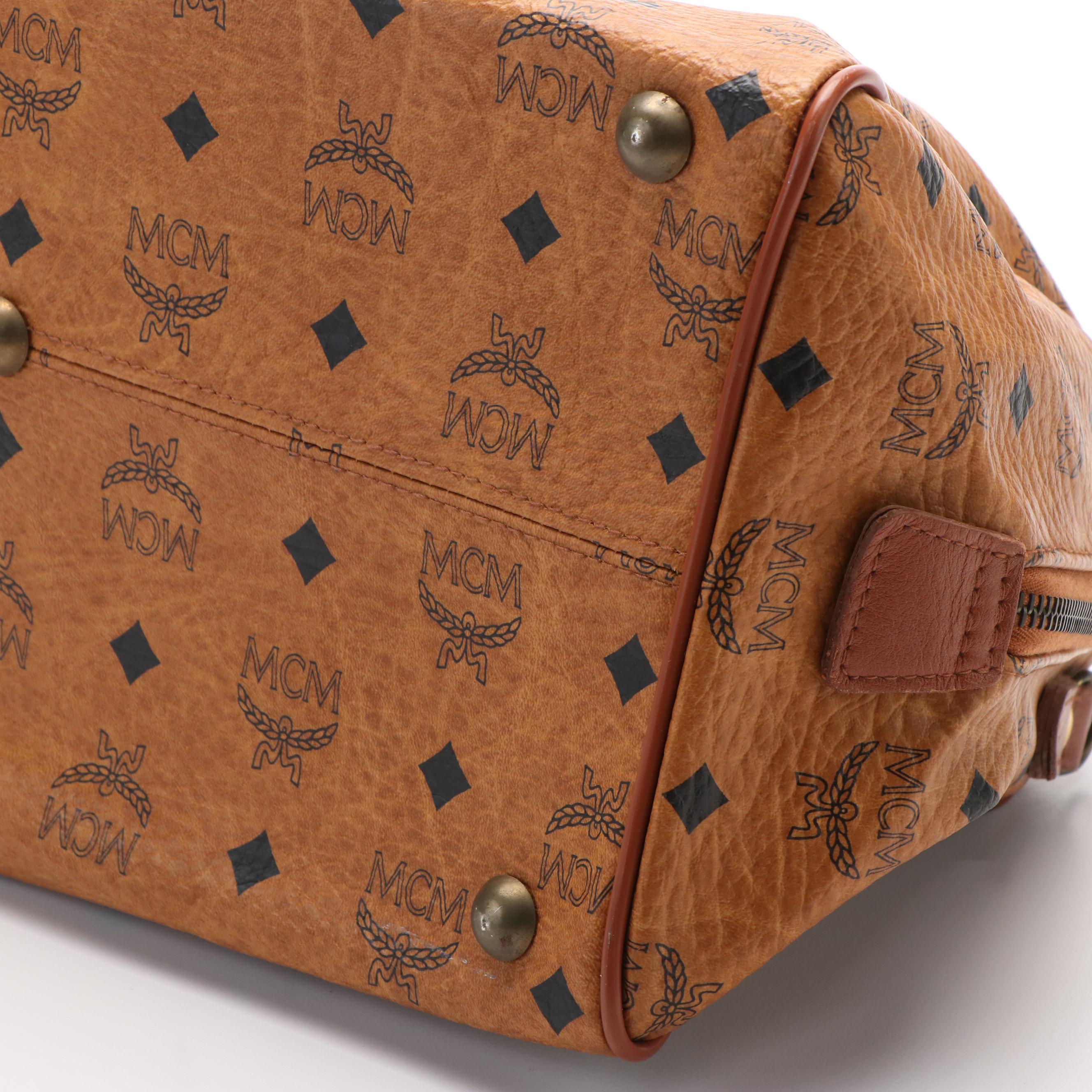 MCM Monogram Visetos Cognac Coated Canvas and Leather Boston Bag