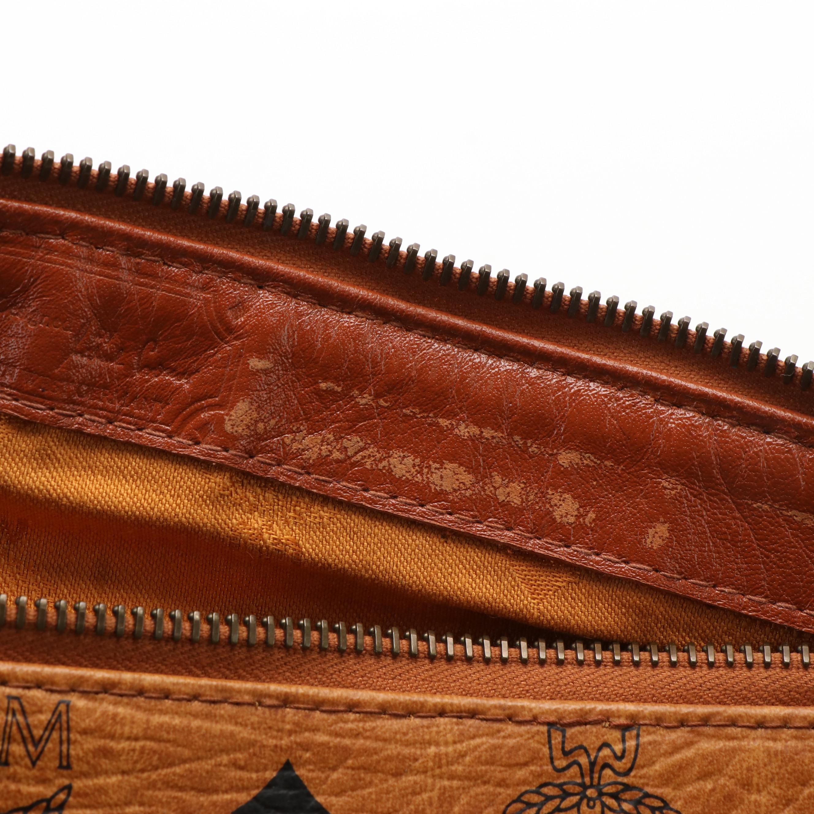 MCM Monogram Visetos Cognac Coated Canvas and Leather Boston Bag