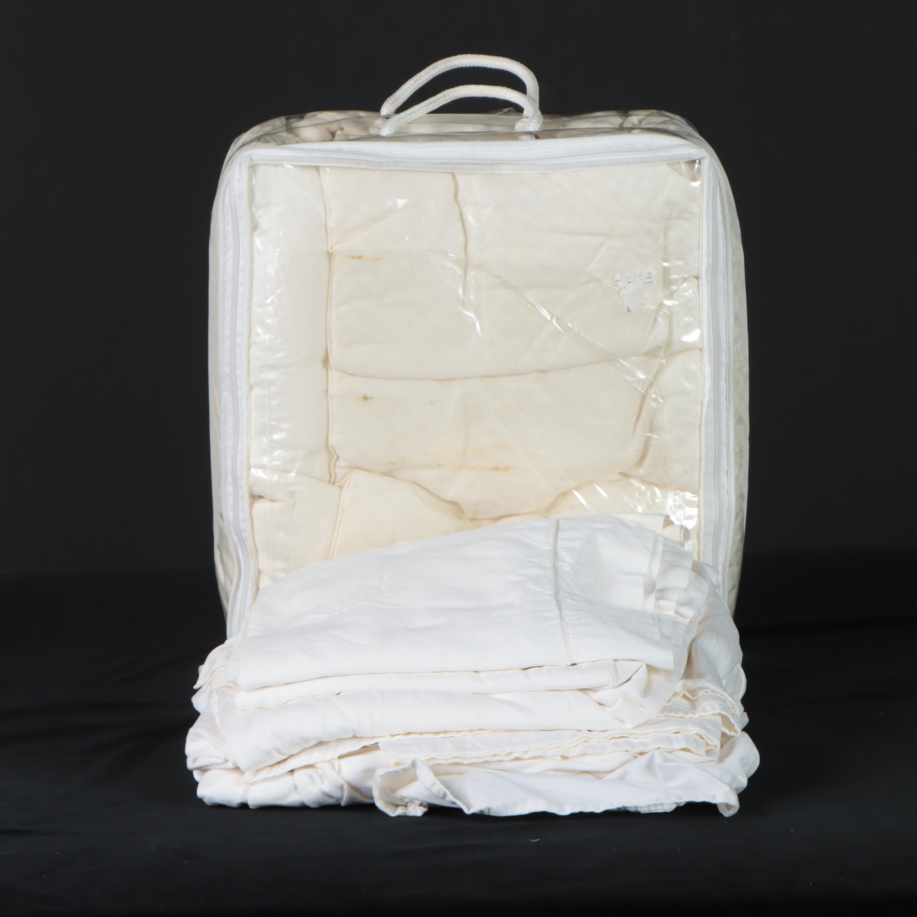 Frette King Size Ivory Damask Sheets with Duvet and Assorted Pillow Covers