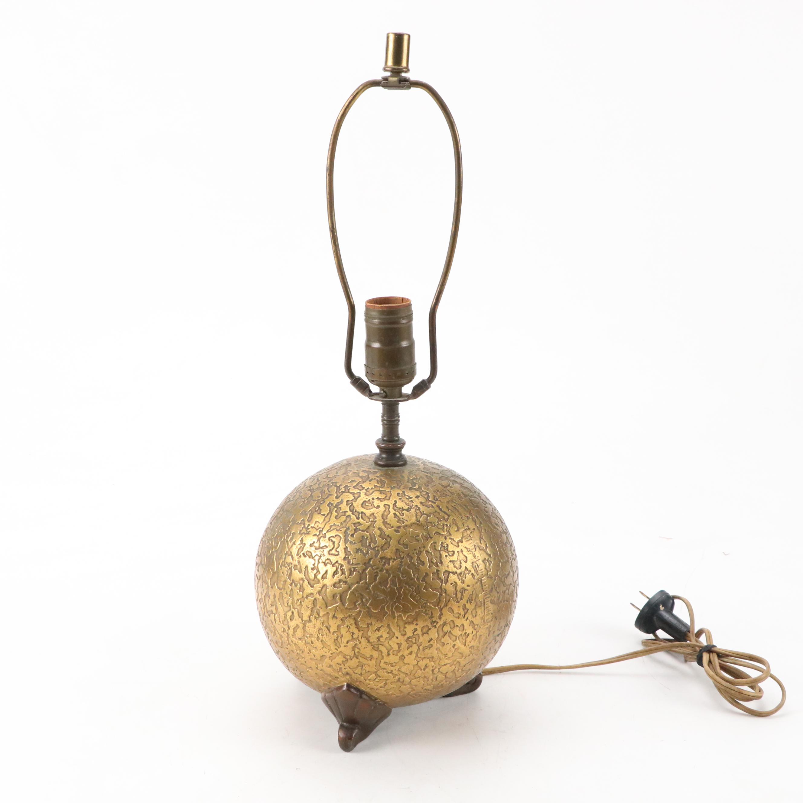 Olive Kooken Textured Brass Orb with Bronzed Feet Table Lamp, Early/Mid-20th C