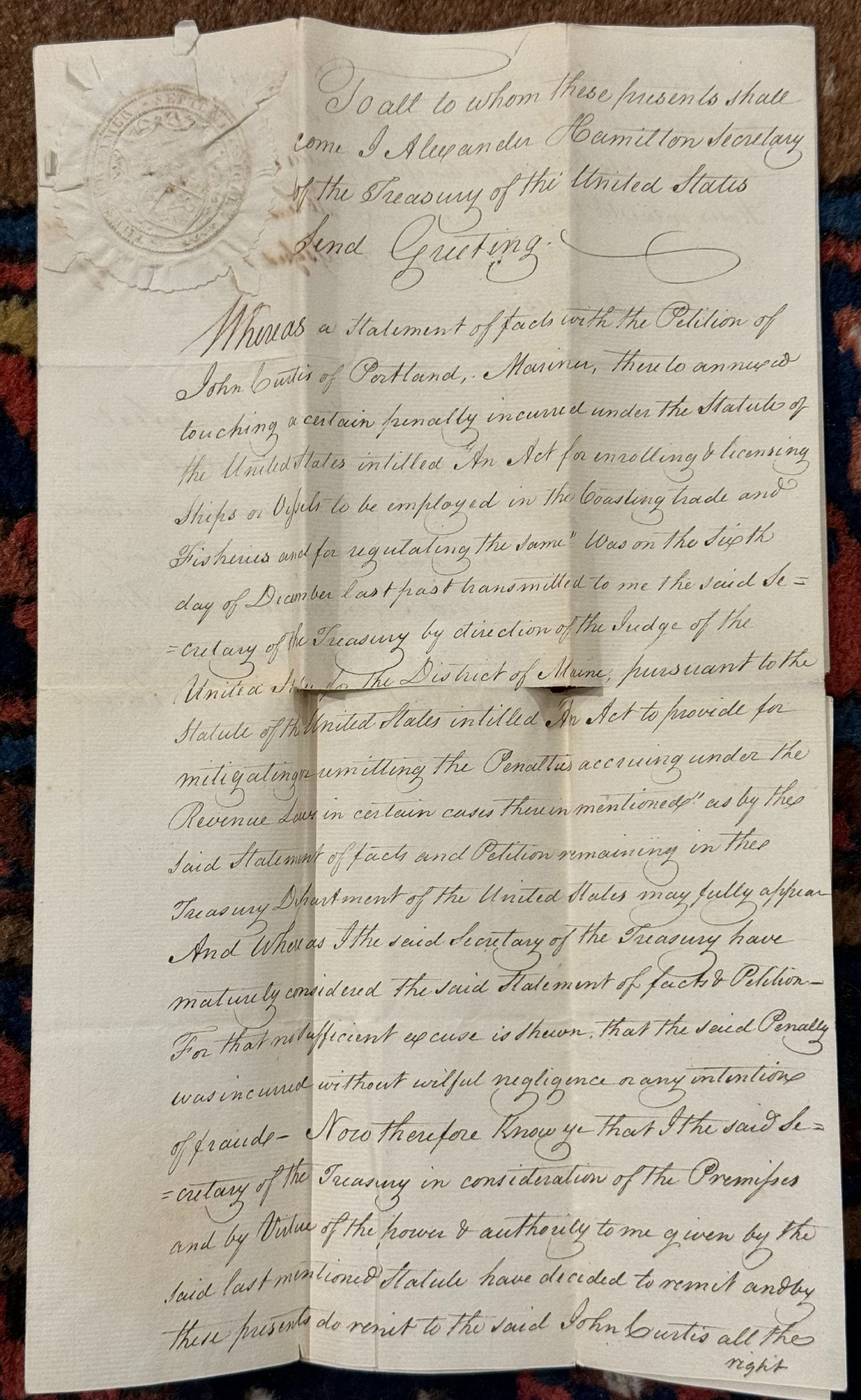 Alexander Hamilton Manuscript Document Signed, Dated 1795
