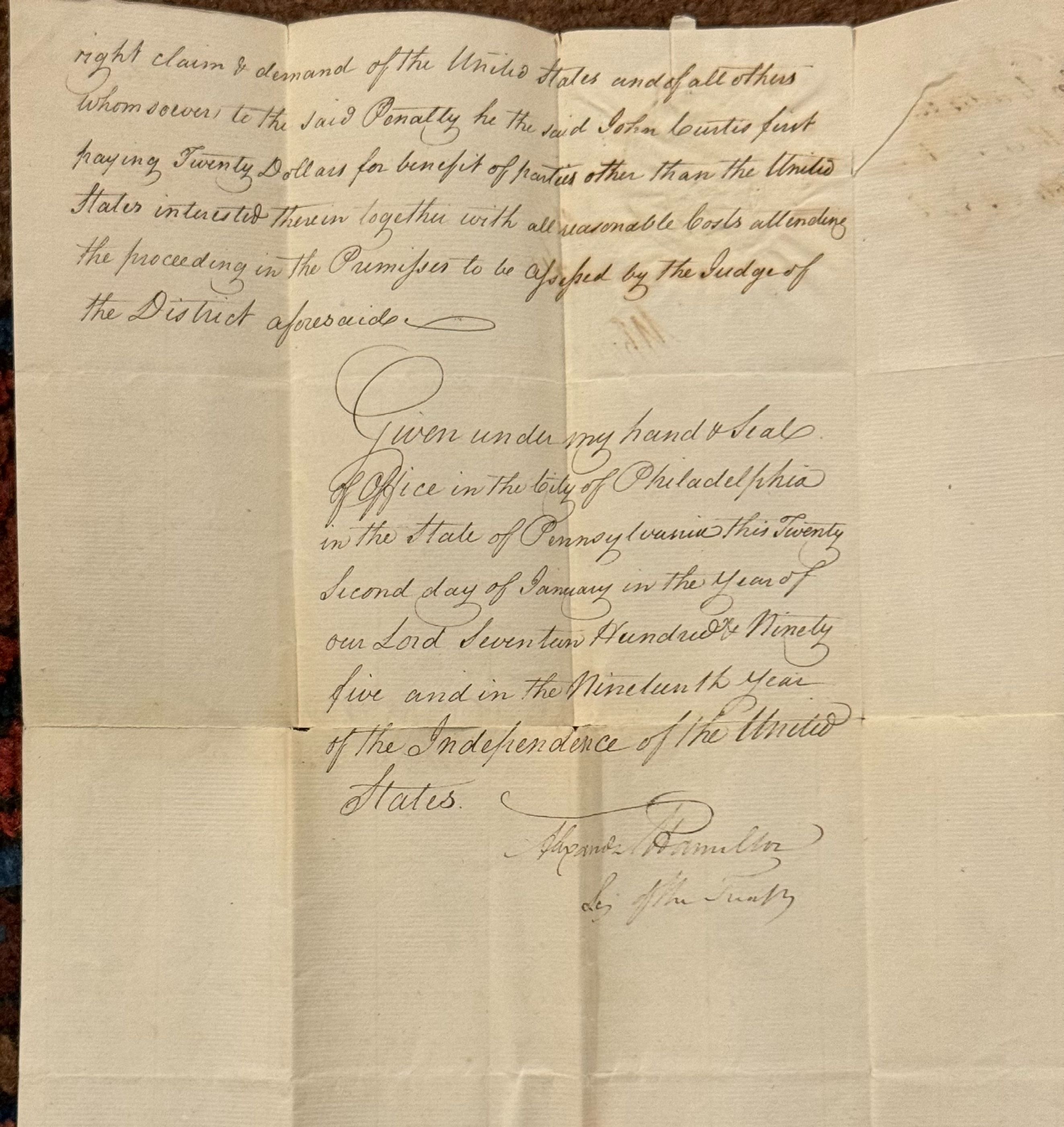 Alexander Hamilton Manuscript Document Signed, Dated 1795