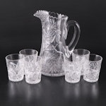 Early American Pressed Glass Style Crystal Pitcher and Lowball Glasses