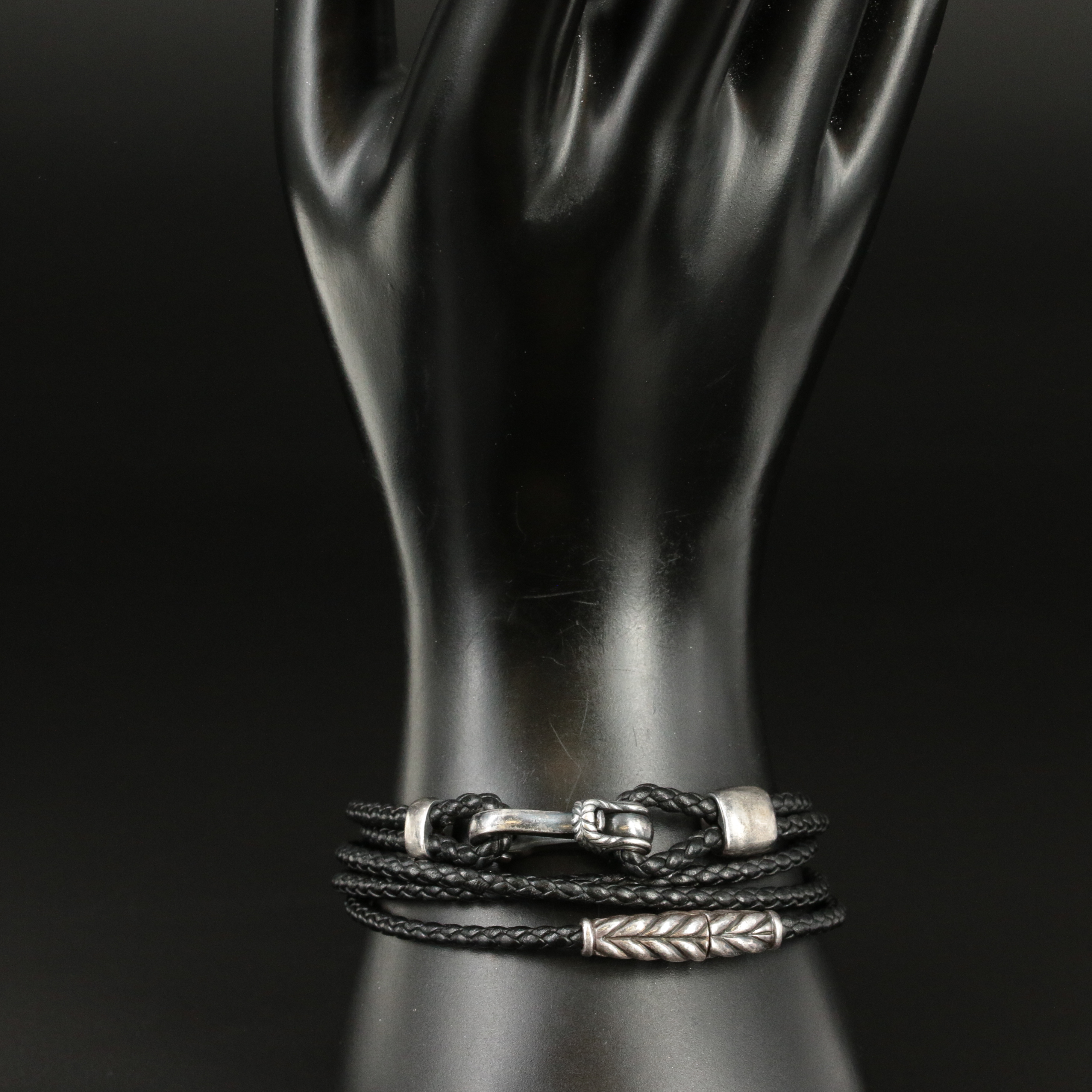 David Yurman Two Braided Leather Bracelets with Sterling Clasps