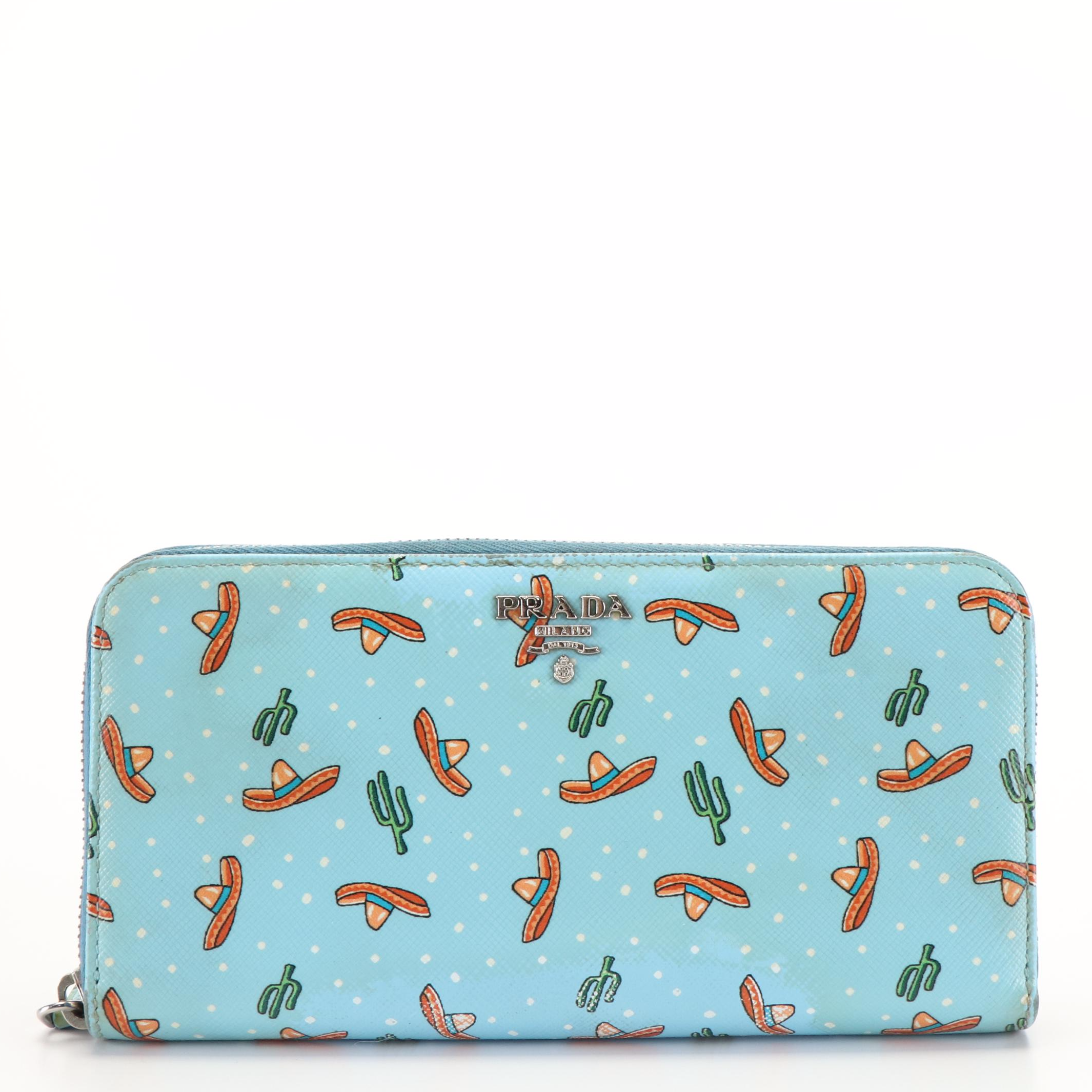 Prada Sombrero Cactus Madras Print Saffiano Leather Zip Around Wallet