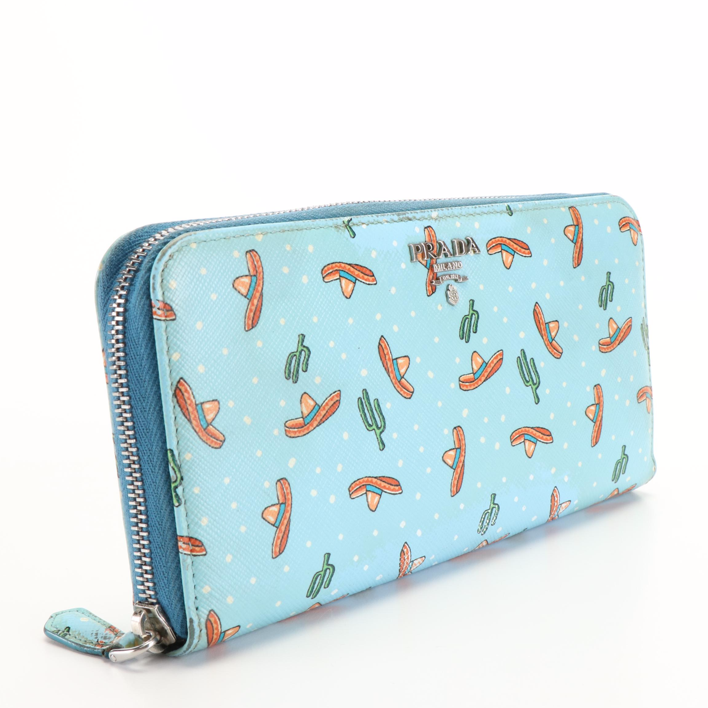 Prada Sombrero Cactus Madras Print Saffiano Leather Zip Around Wallet