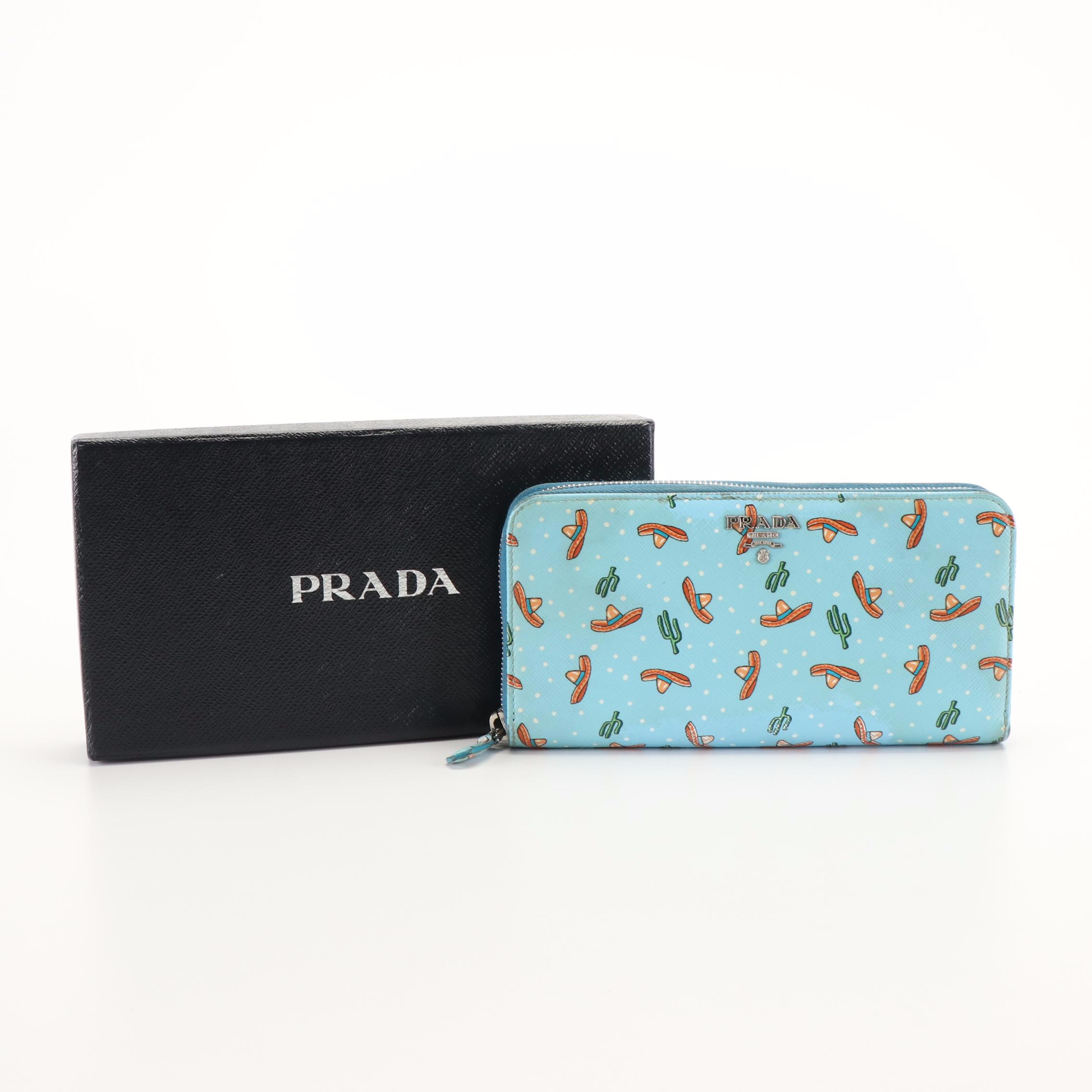 Prada Sombrero Cactus Madras Print Saffiano Leather Zip Around Wallet