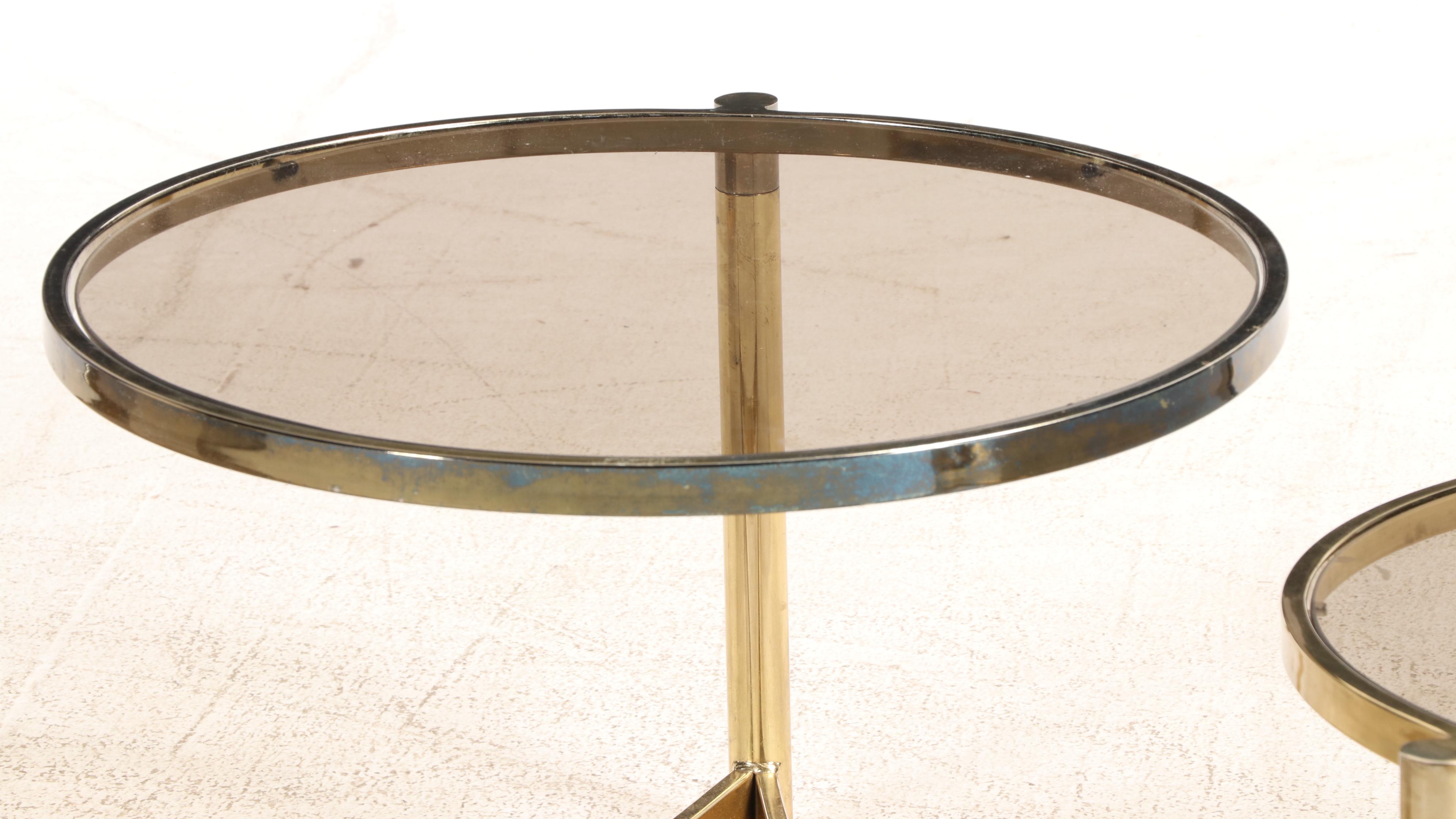 Modernist Brass-Patinated and Smoked Glass Three-Tier Swivel-Top Coffee Table