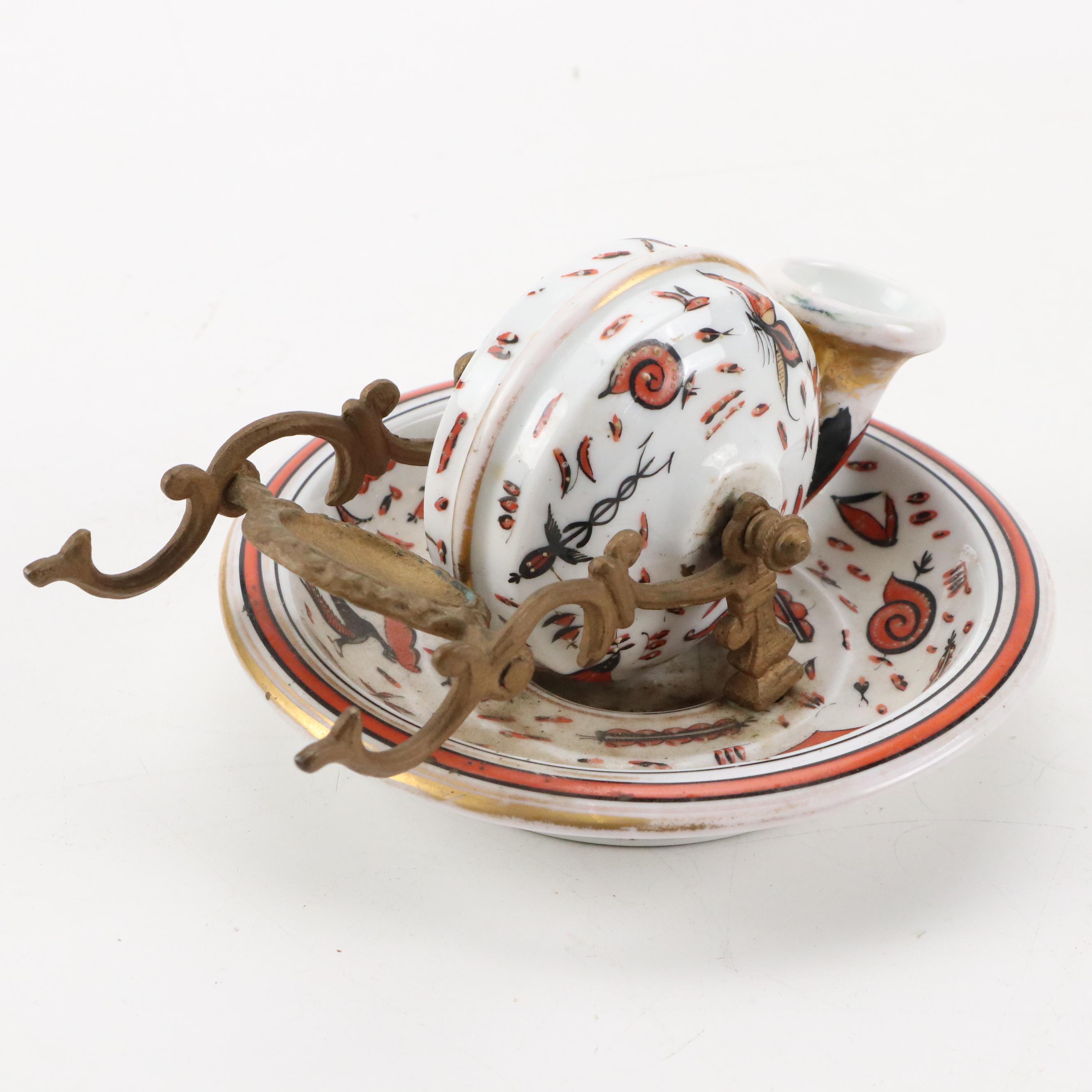 French Hand-Painted Porcelain Revolving Snail Inkwell with Pen Holder