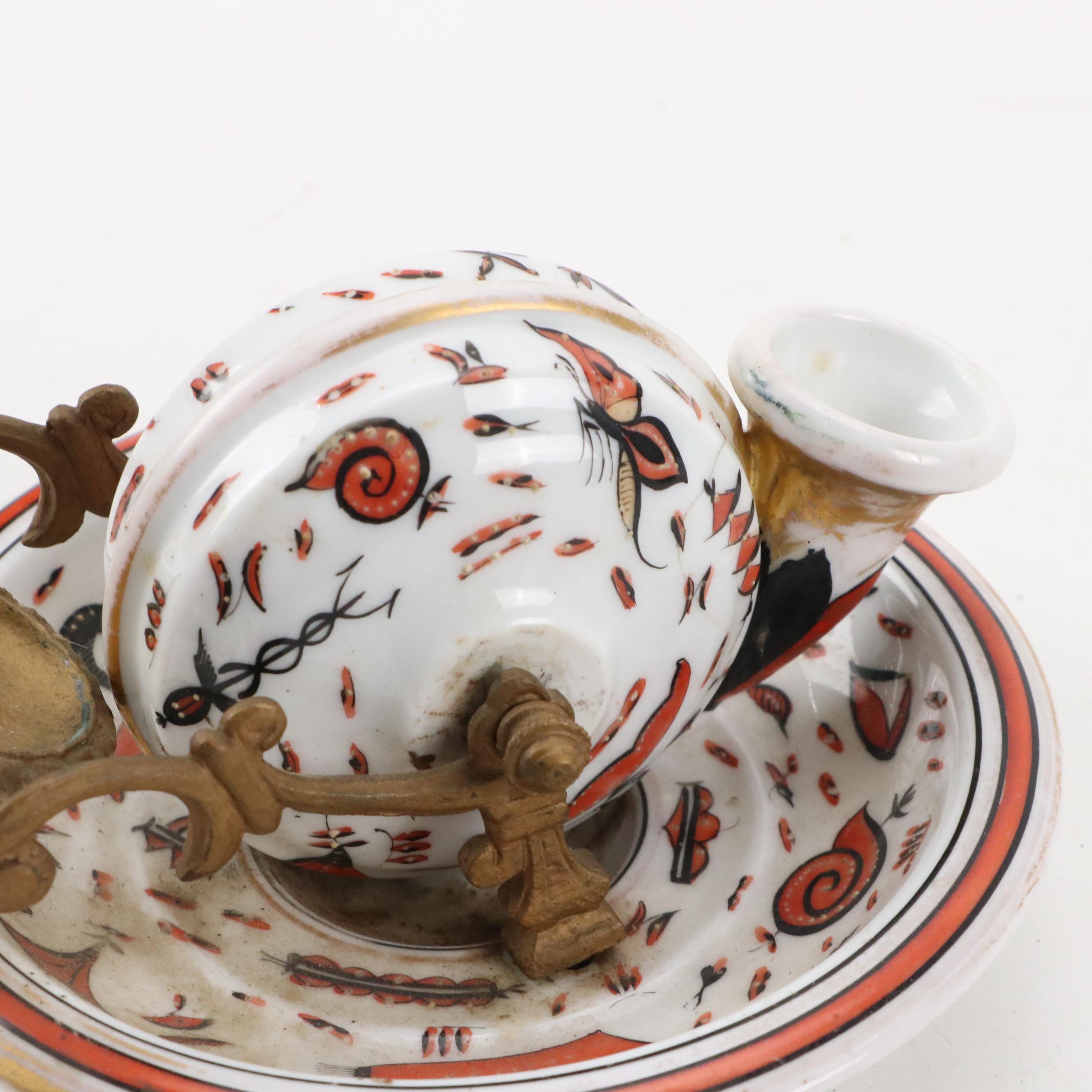 French Hand-Painted Porcelain Revolving Snail Inkwell with Pen Holder