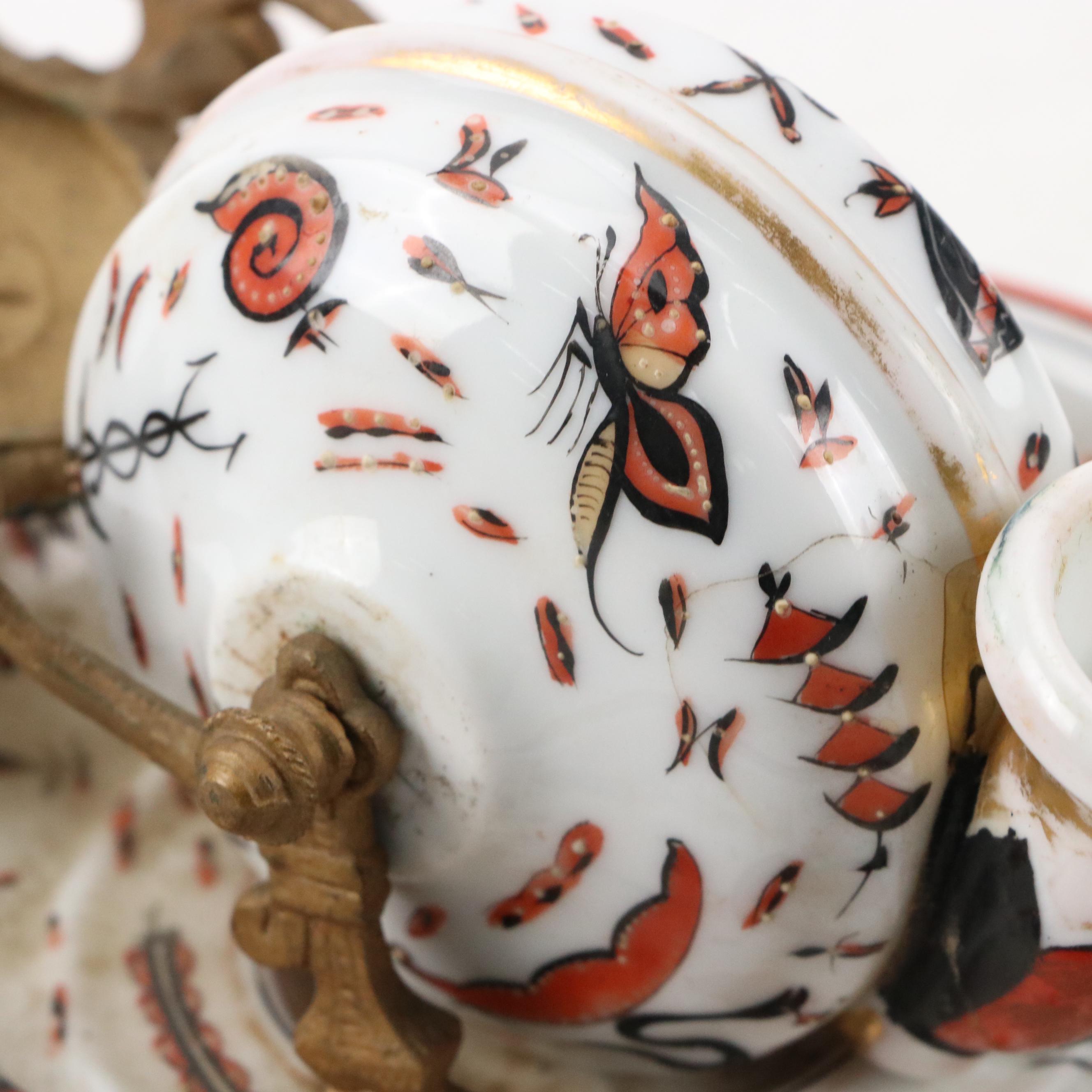 French Hand-Painted Porcelain Revolving Snail Inkwell with Pen Holder