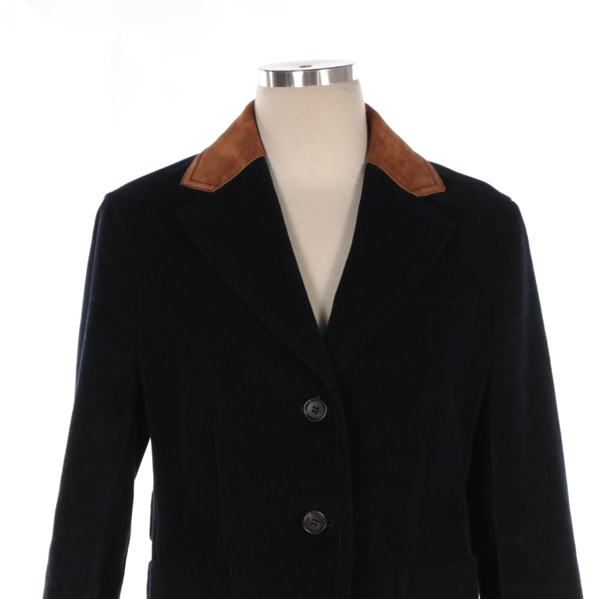 Prada Navy Blue Corduroy Jacket with Brown Suede Collar and Elbow Patches