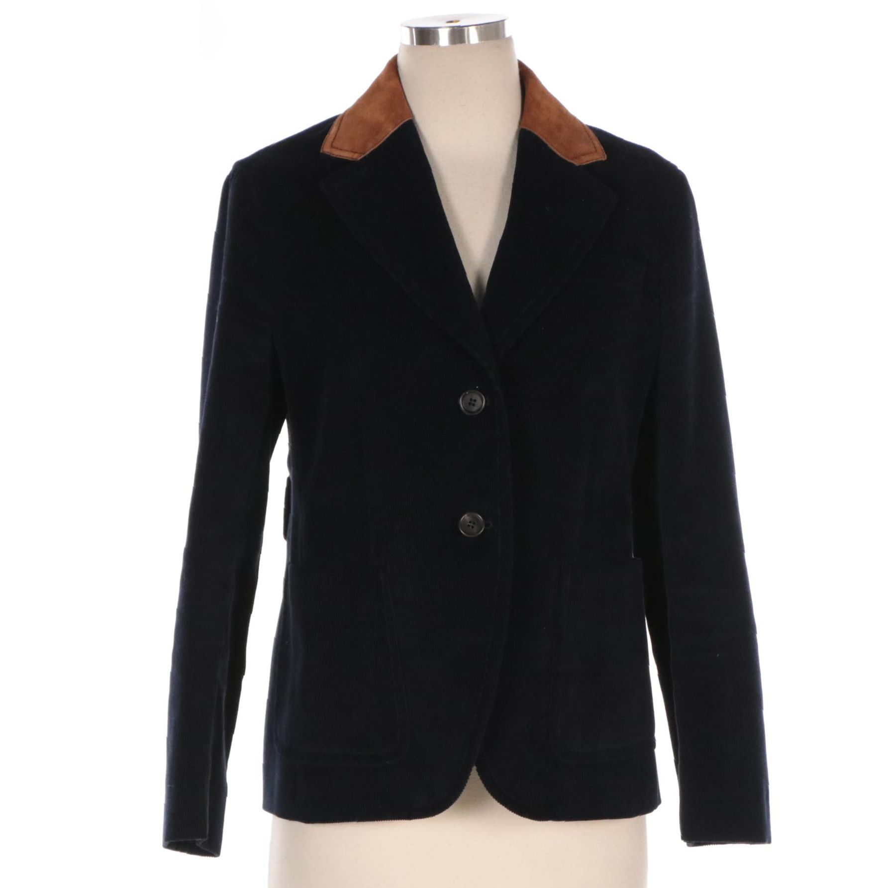 Prada Navy Blue Corduroy Jacket with Brown Suede Collar and Elbow Patches