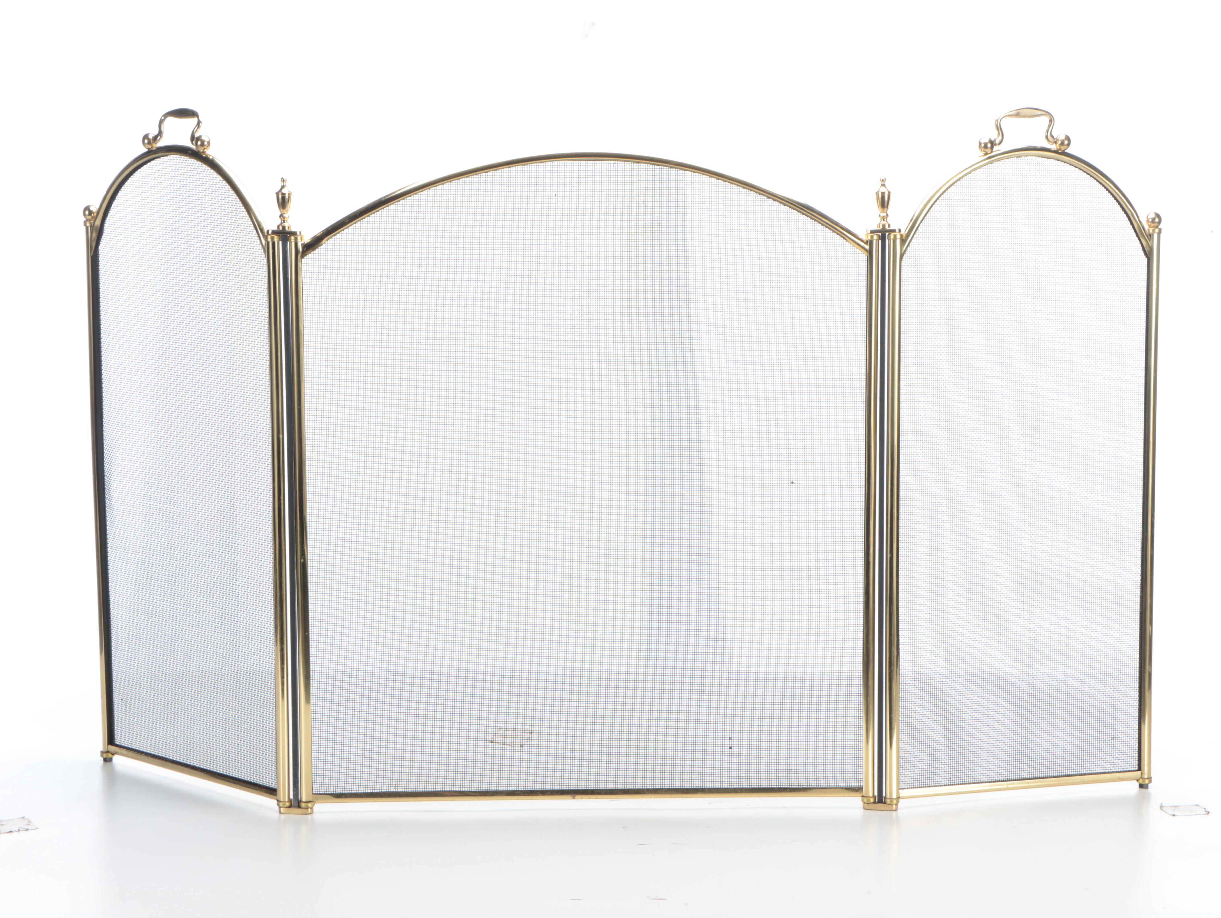 Brass Fireplace Screen, Andirons and Tool Set