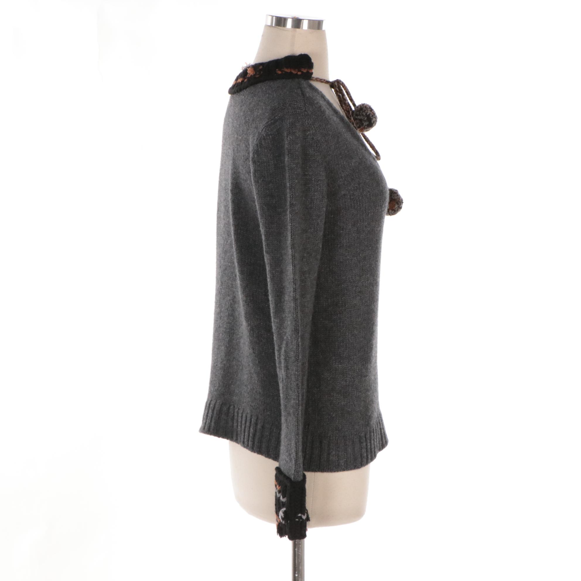 Prada V-Neck Wool/Cashmere Sweater with Pom-Pom Detail