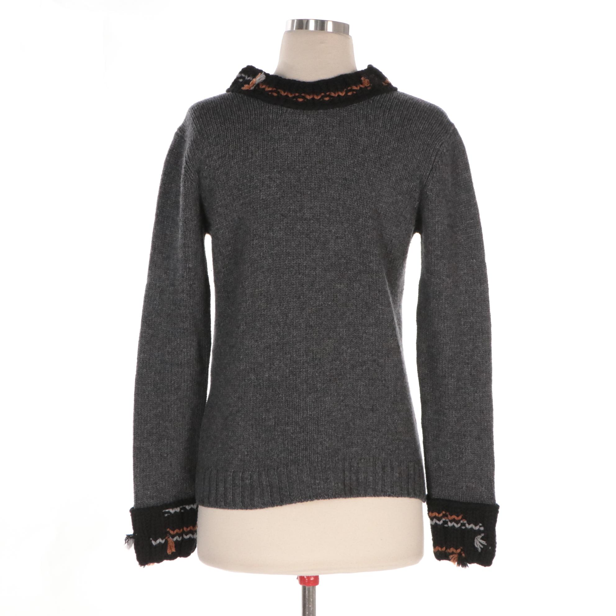 Prada V-Neck Wool/Cashmere Sweater with Pom-Pom Detail