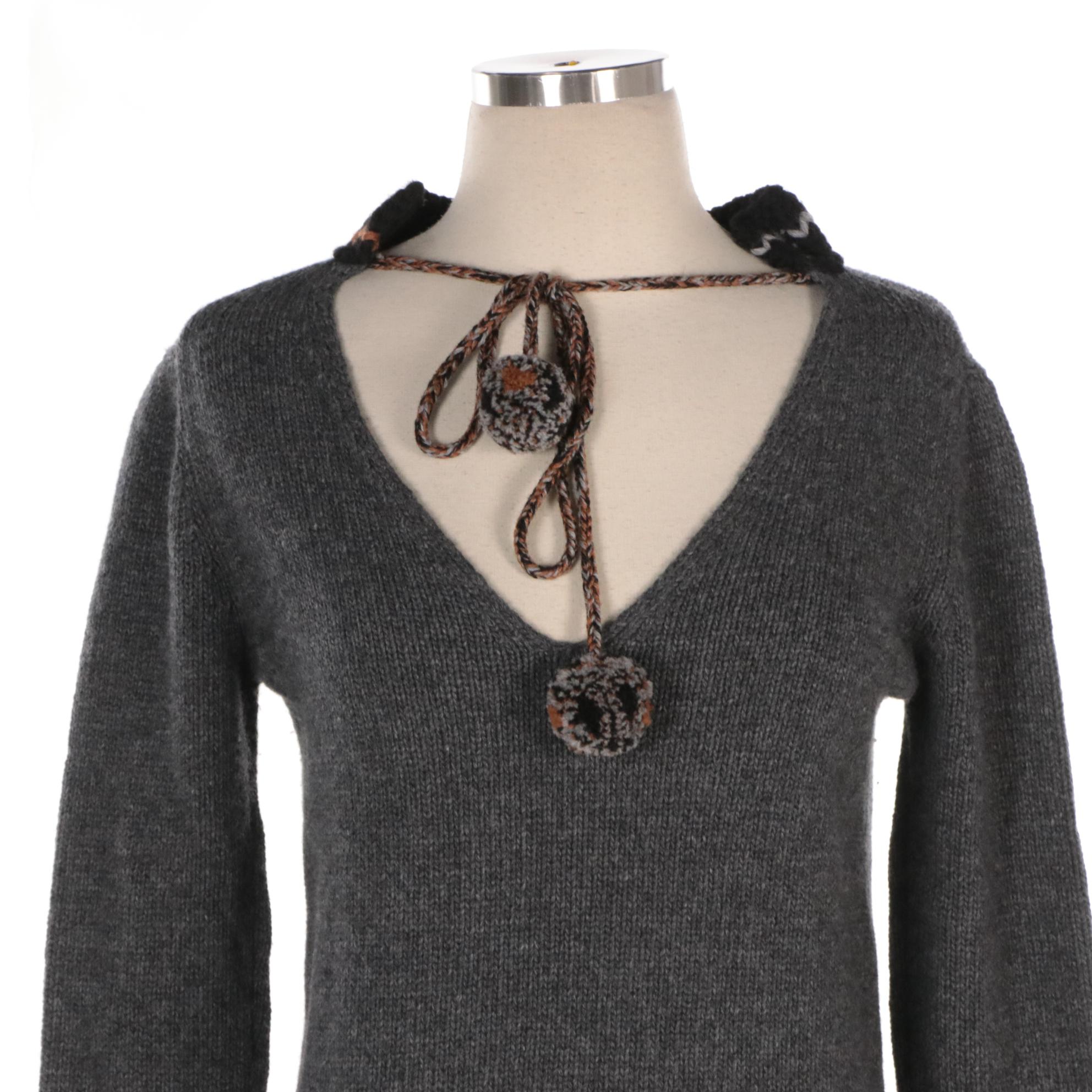 Prada V-Neck Wool/Cashmere Sweater with Pom-Pom Detail