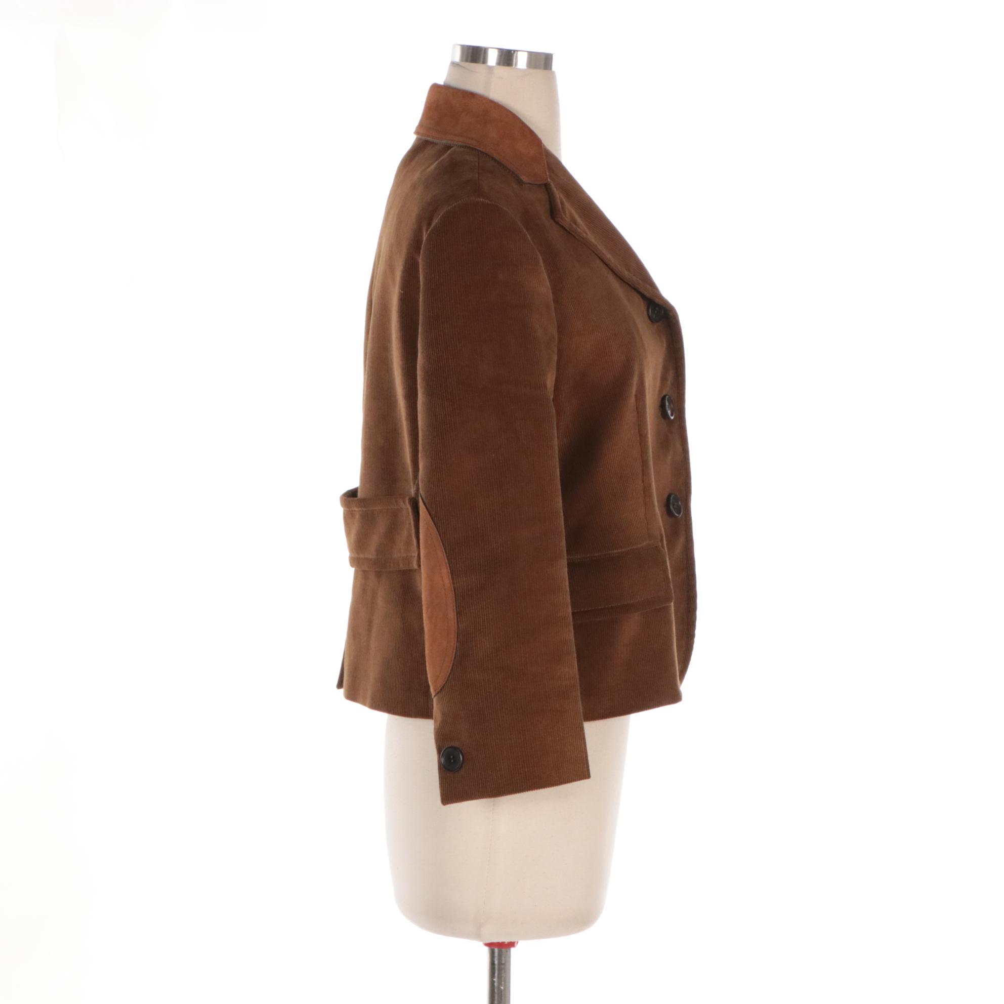 Prada Caramel Brown Corduroy Jacket with Suede Collar and Elbow Patches