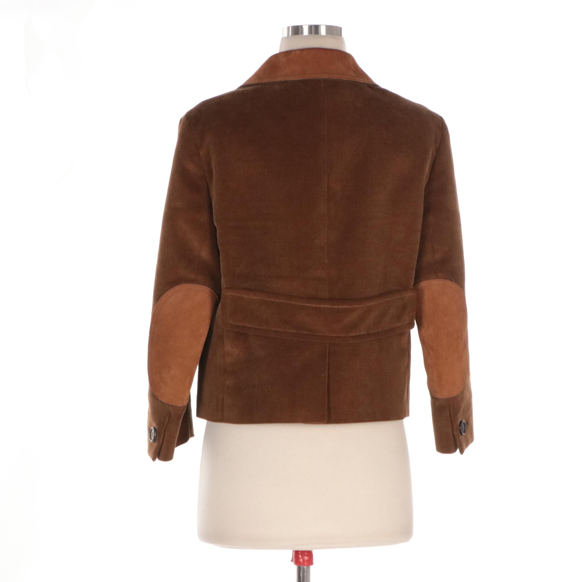 Prada Caramel Brown Corduroy Jacket with Suede Collar and Elbow Patches