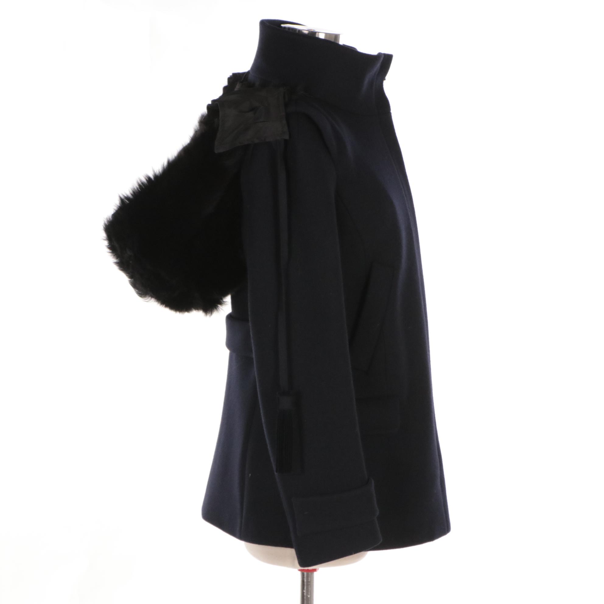 Prada Wool Jacket with Trim Detail and Detachable Shearling Hood
