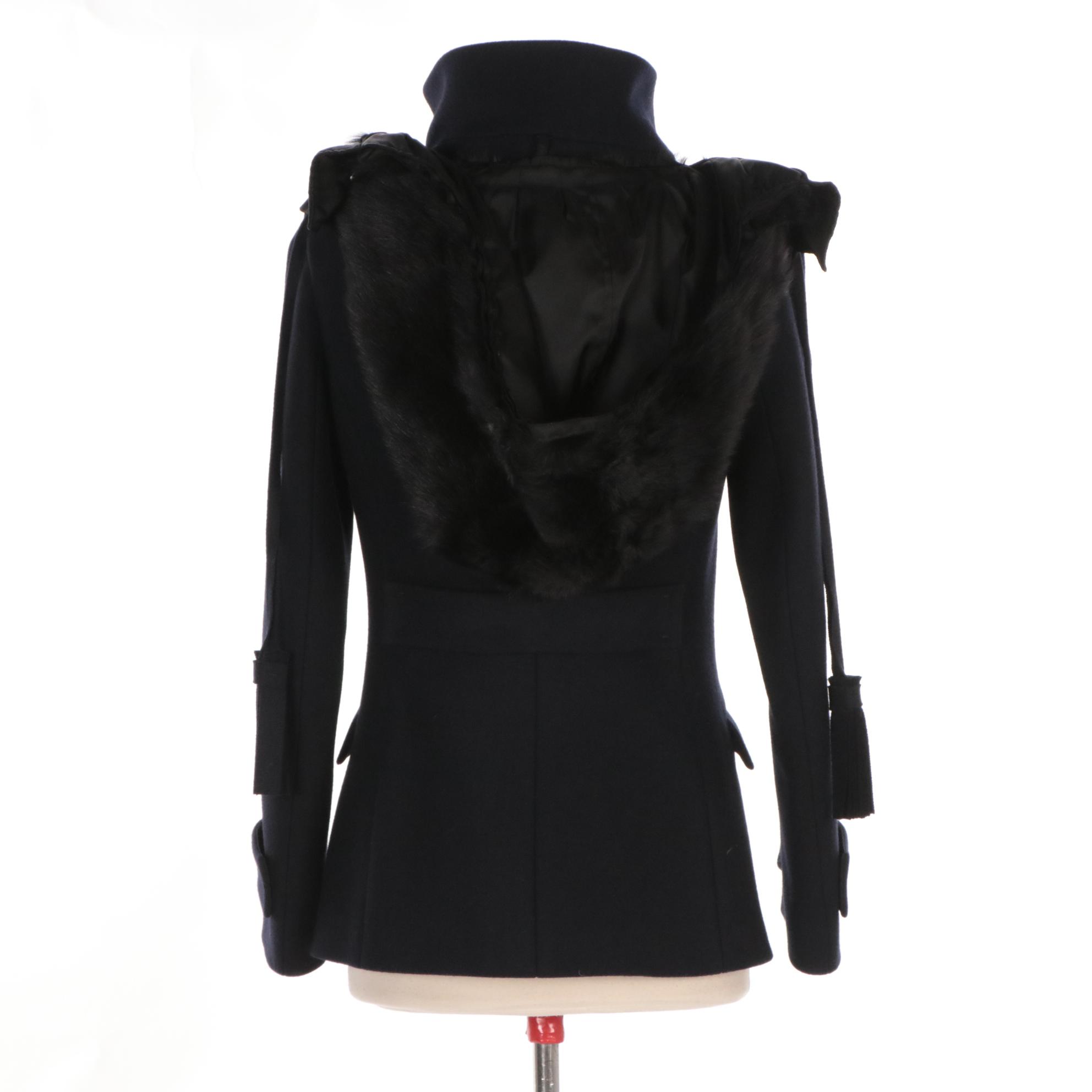 Prada Wool Jacket with Trim Detail and Detachable Shearling Hood