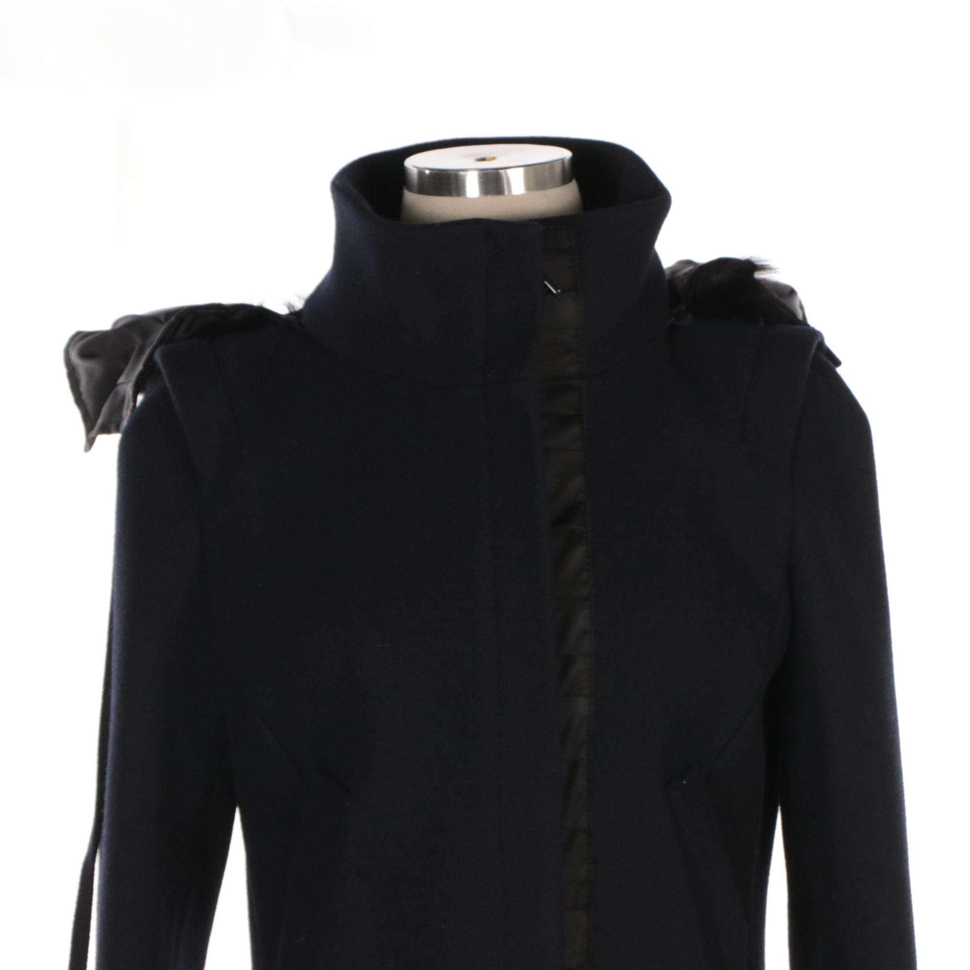Prada Wool Jacket with Trim Detail and Detachable Shearling Hood