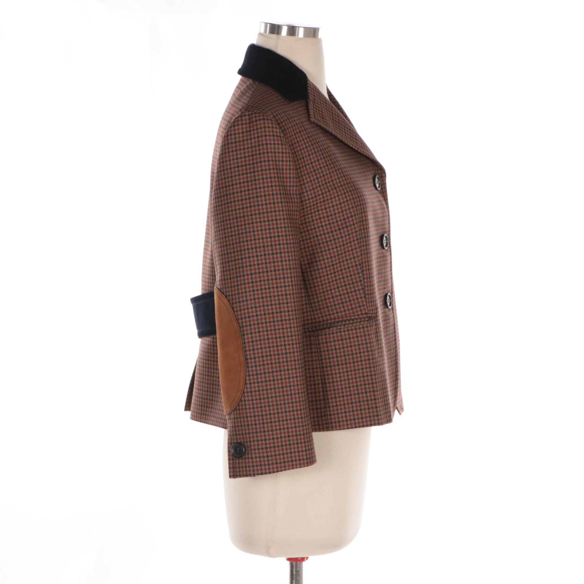 Prada Gingham Check Wool Blend Jacket with Elbow Patches