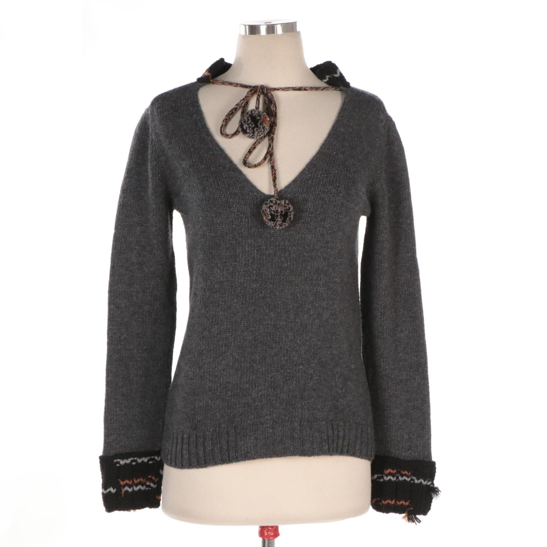 Prada V-Neck Wool/Cashmere Sweater with Pom-Pom Detail