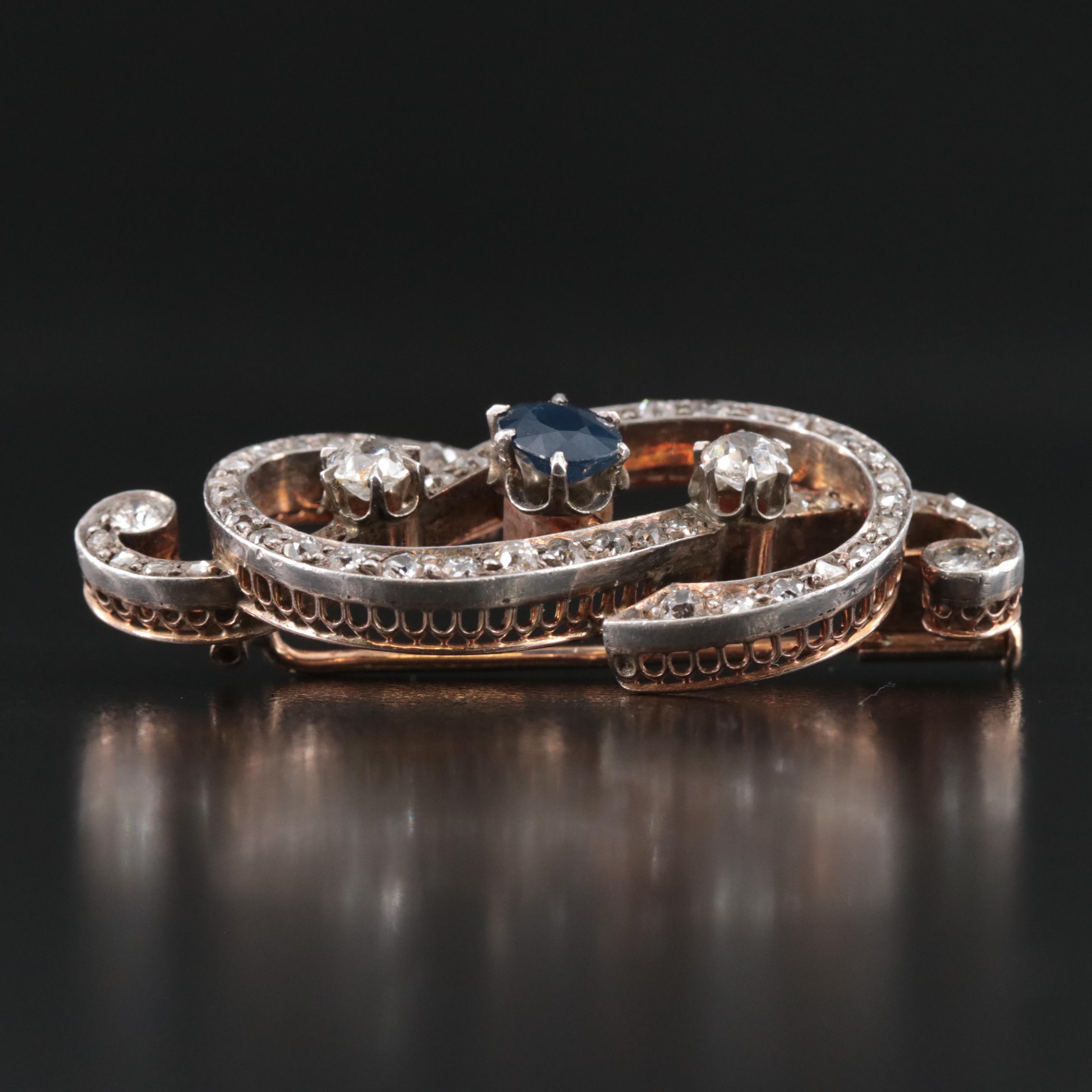 Antique 18K Sapphire and 2.35 CTW Diamond Brooch with Sterling Top