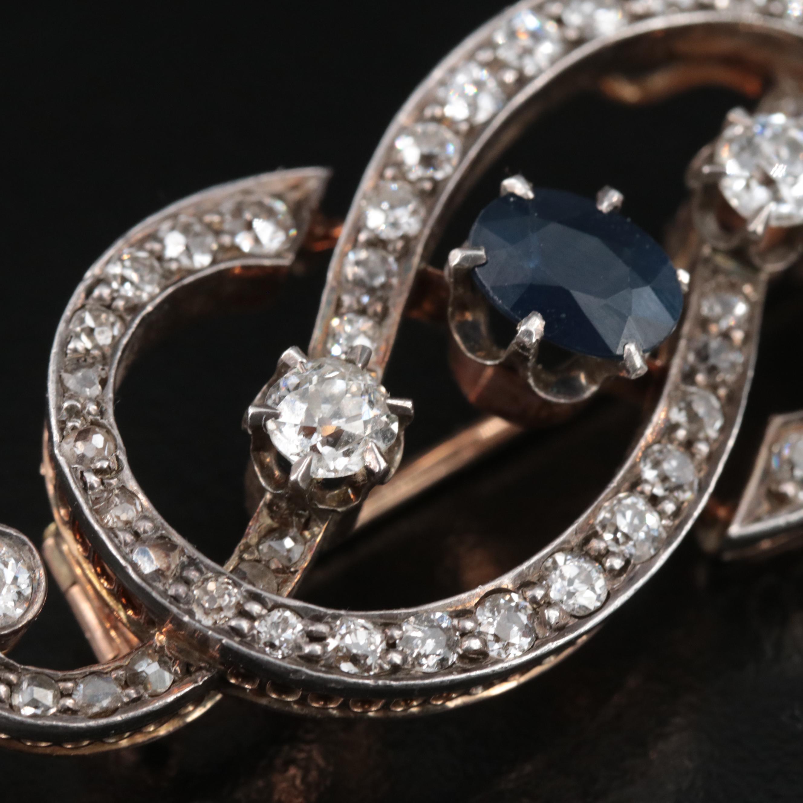 Antique 18K Sapphire and 2.35 CTW Diamond Brooch with Sterling Top