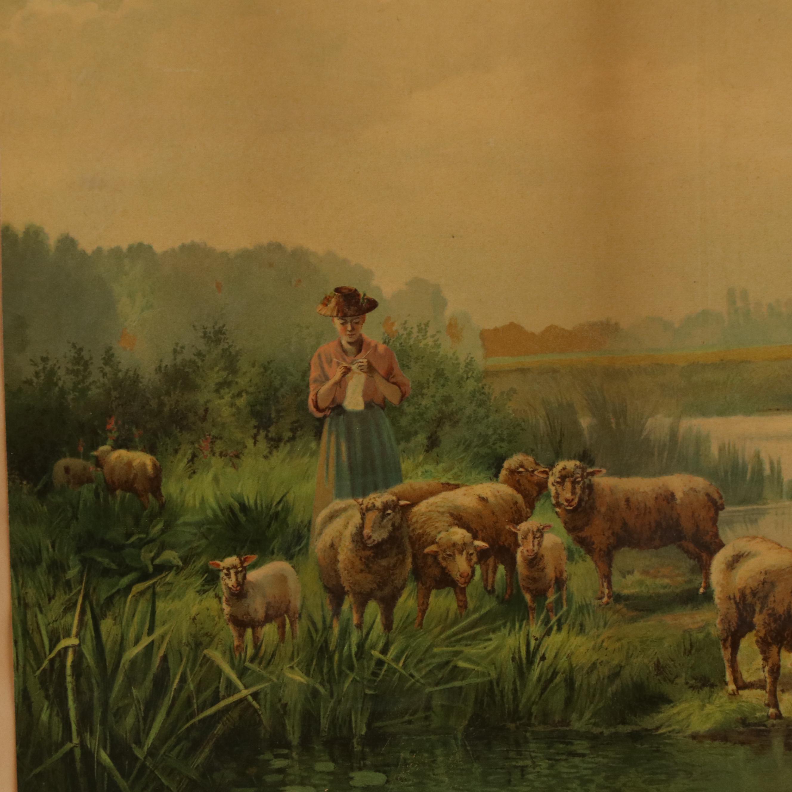 Chromolithograph After Arsene Sauvage of a Shepherdess and Sheep