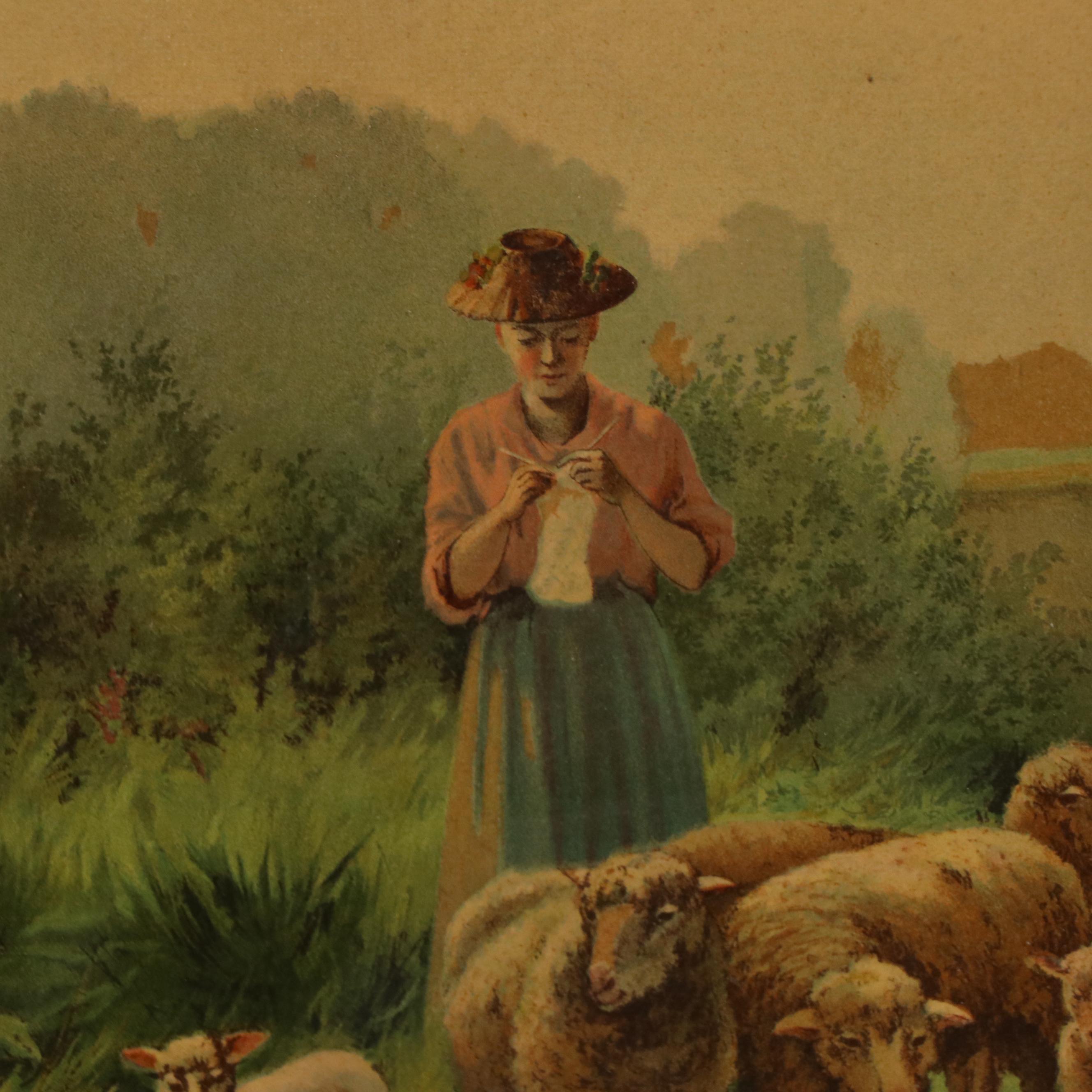 Chromolithograph After Arsene Sauvage of a Shepherdess and Sheep