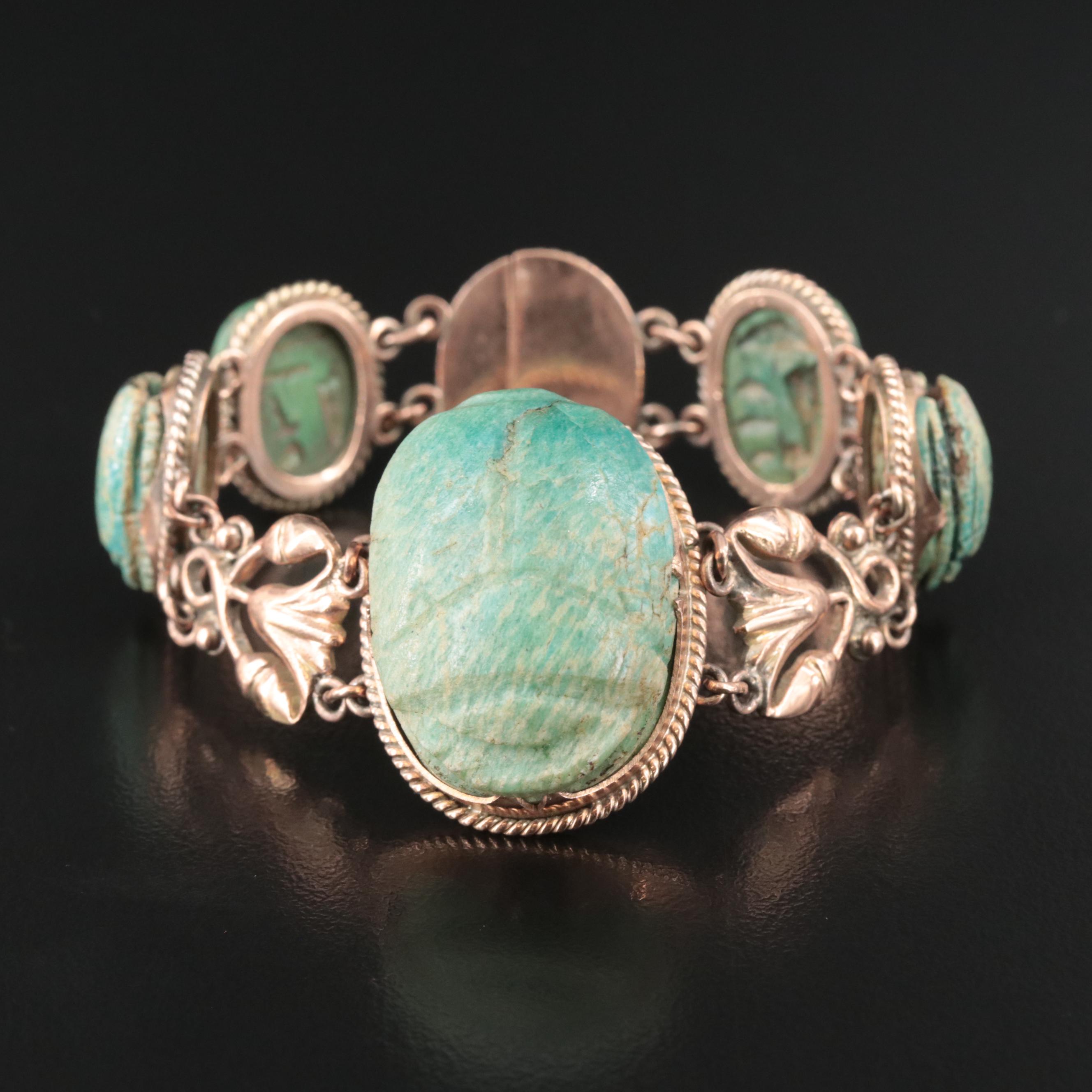 Egyptian Revival 9K Rose Gold Amazonite and Turquoise Scarab Bracelet