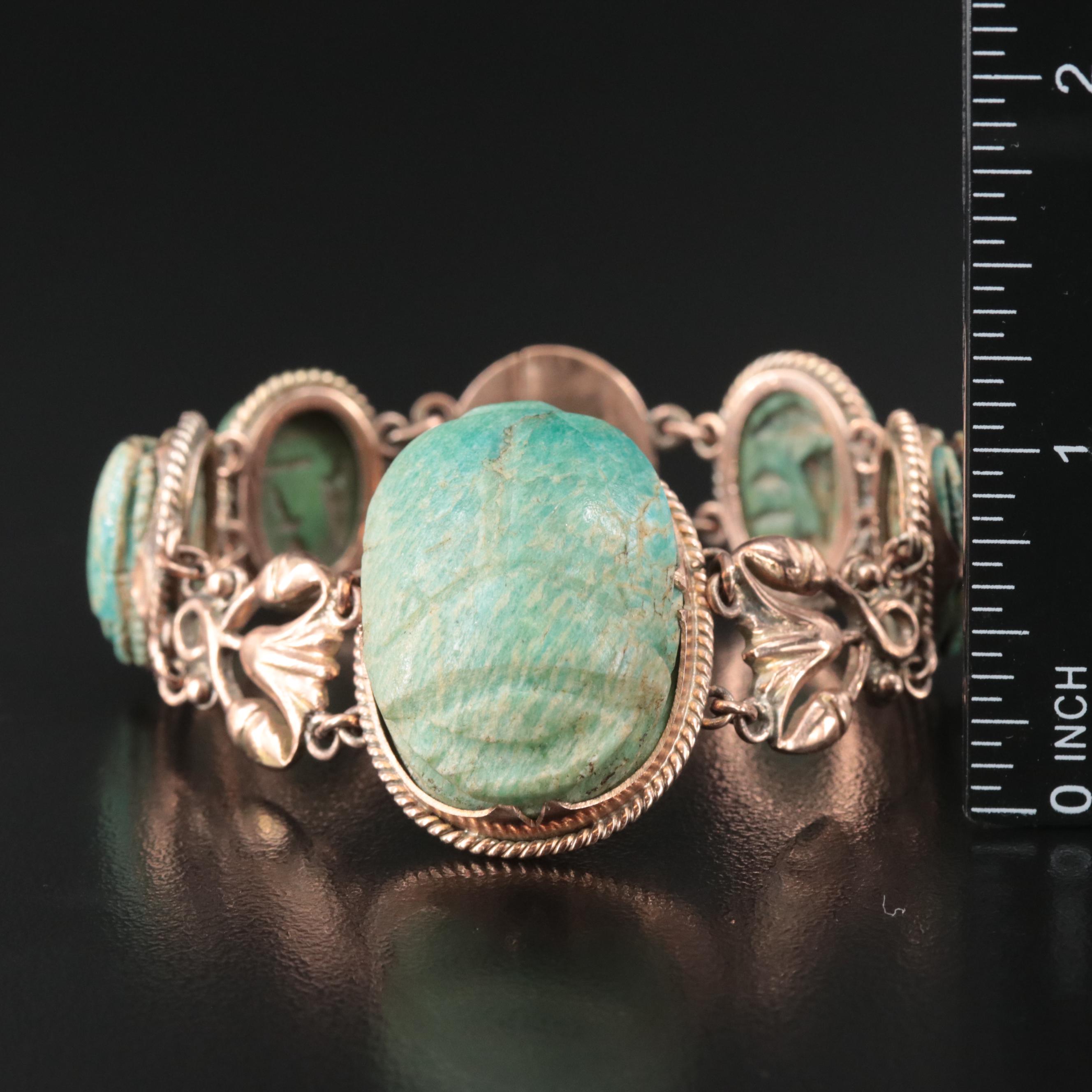 Egyptian Revival 9K Rose Gold Amazonite and Turquoise Scarab Bracelet