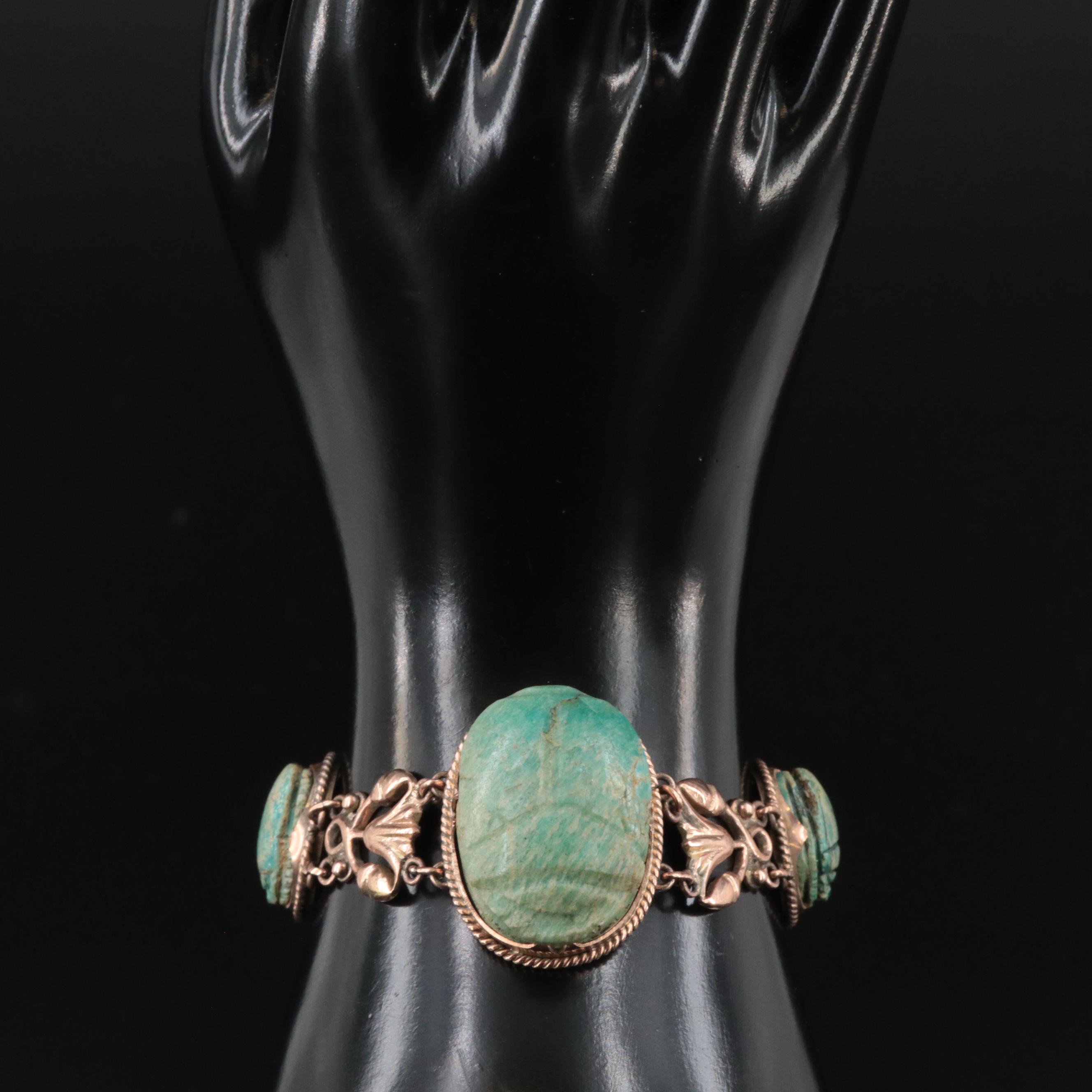 Egyptian Revival 9K Rose Gold Amazonite and Turquoise Scarab Bracelet