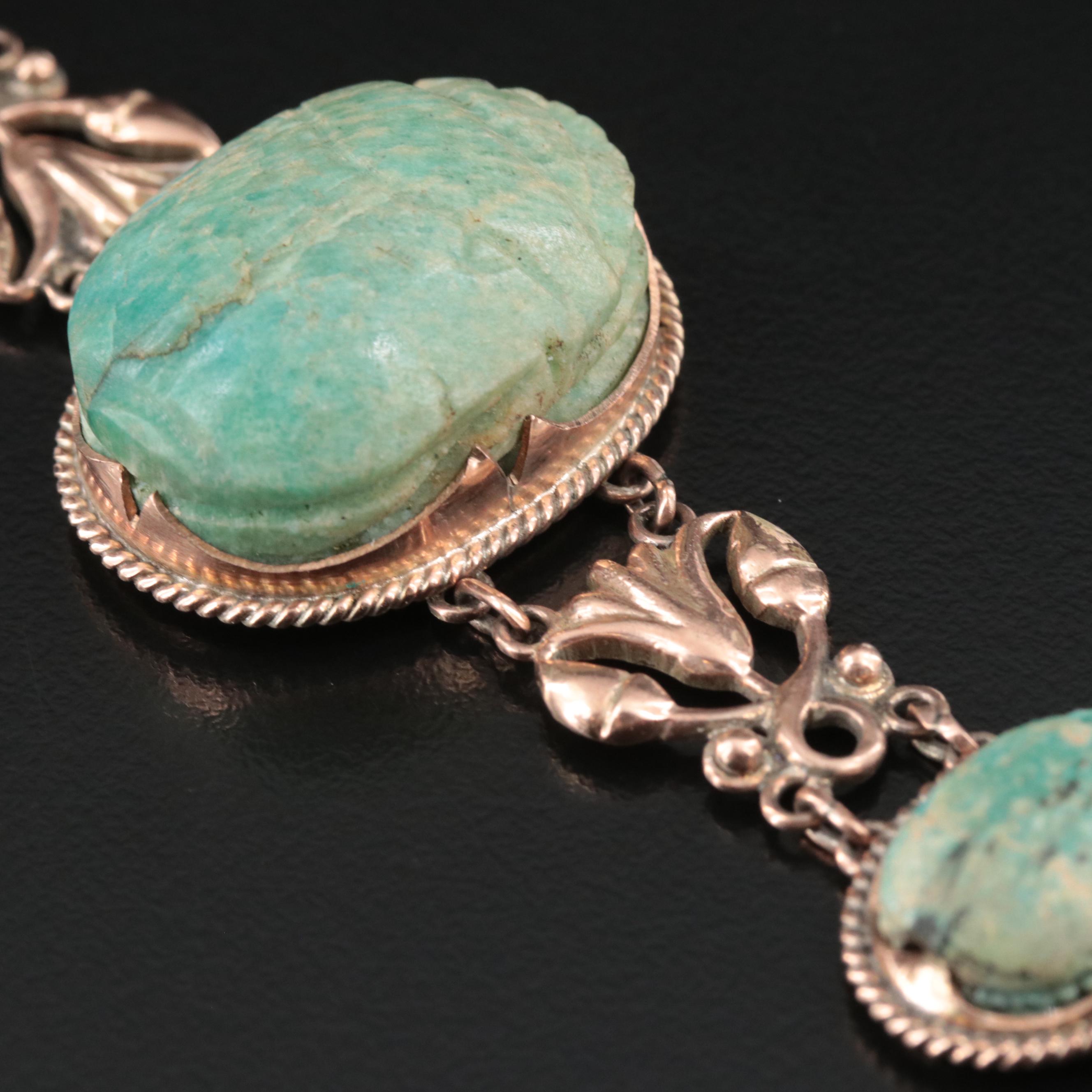 Egyptian Revival 9K Rose Gold Amazonite and Turquoise Scarab Bracelet