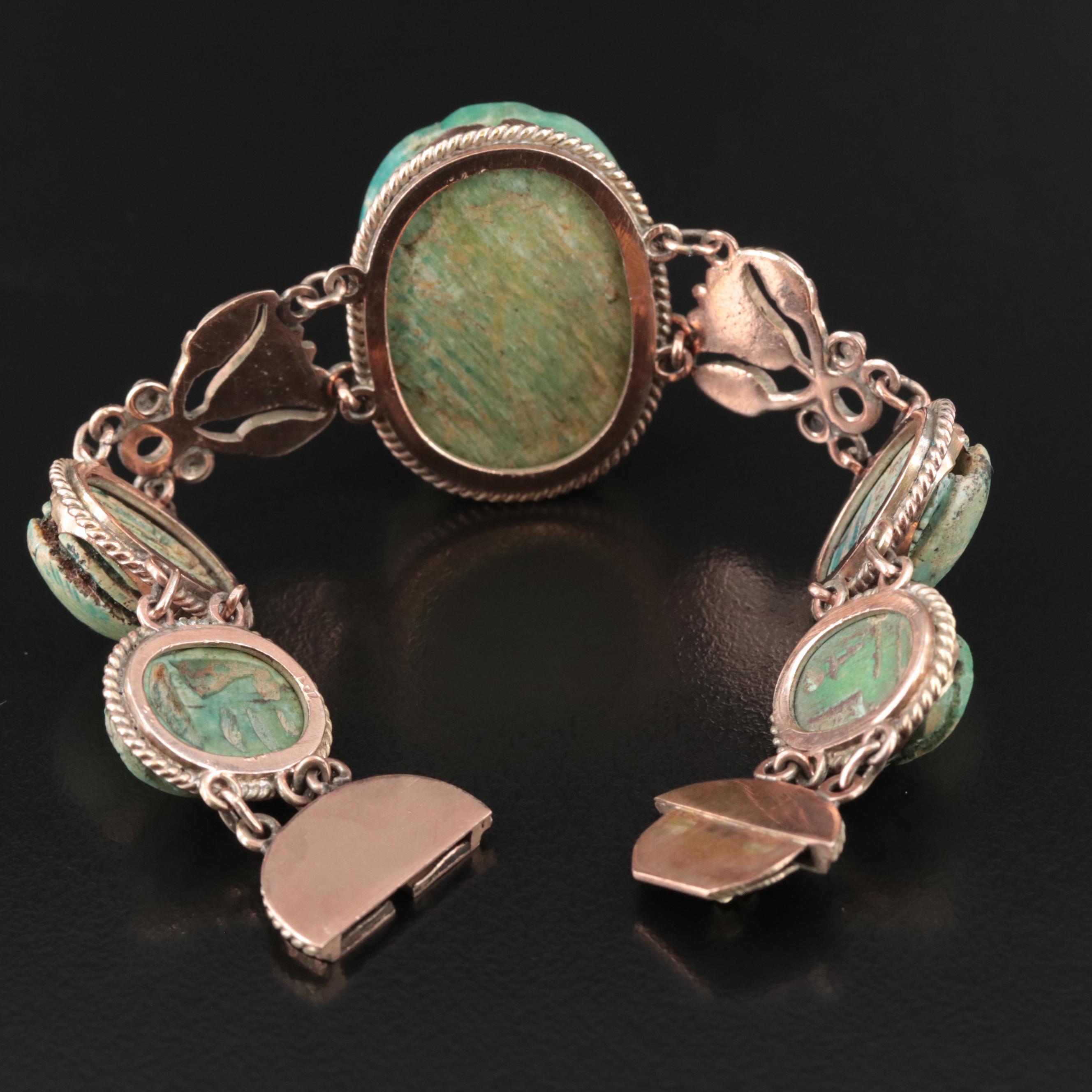 Egyptian Revival 9K Rose Gold Amazonite and Turquoise Scarab Bracelet